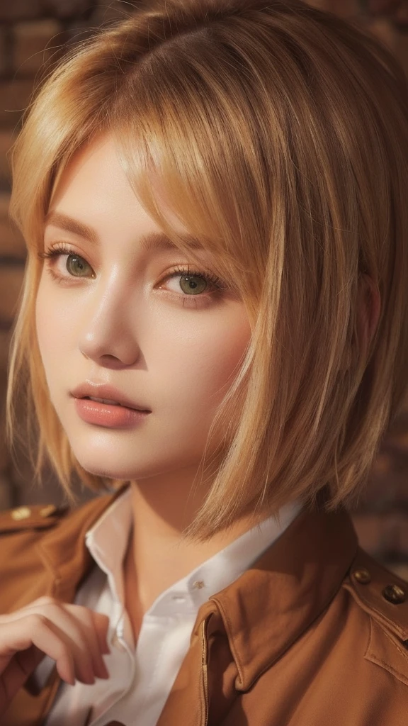 blond woman Short Hair wearing a brown jacket and white shirt, Similar to Annie Leonhart, Blackpink's Joshi portrait, Gweiz-style artwork, anime girl in real life, Short Hair, High-quality portraits, anime realism style, hyper realistic anime, photorealistic anime, Soft Portrait Shot 8k, anime. Soft lighting