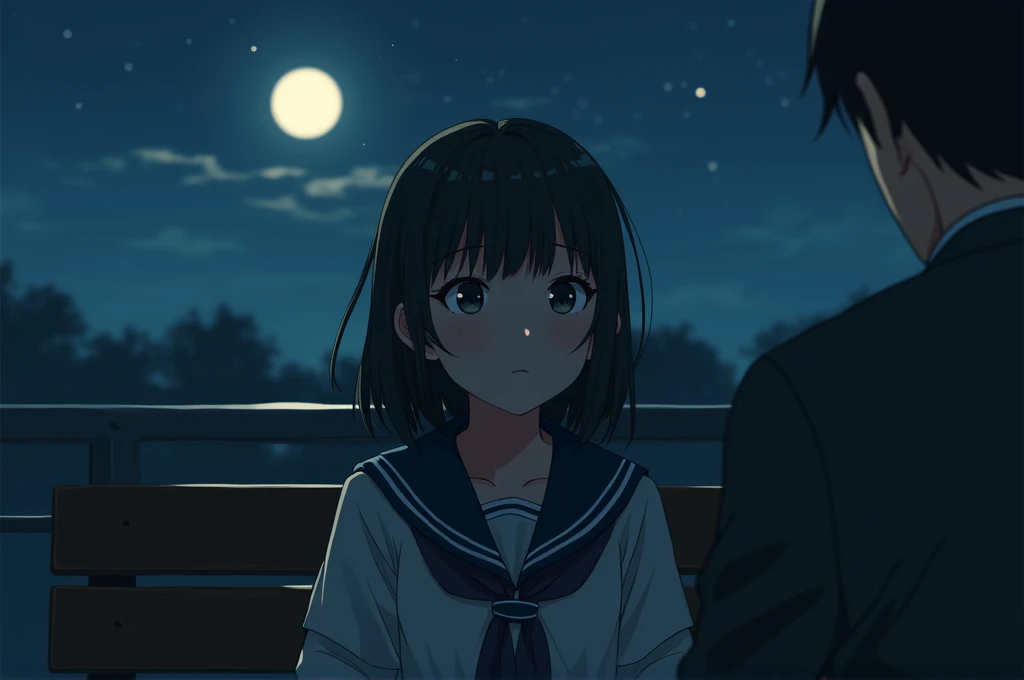 a young schoolgirl confessing to her father that she got a 0 on a test on a moonlit night, beautiful detailed eyes, beautiful detailed lips, extremely detailed eyes and face, long eyelashes, cute expression, worried look, school uniform, sitting on a bench, moonlight, night sky, stars, moody lighting, muted colors, cinematic, photorealistic, 8k, high quality