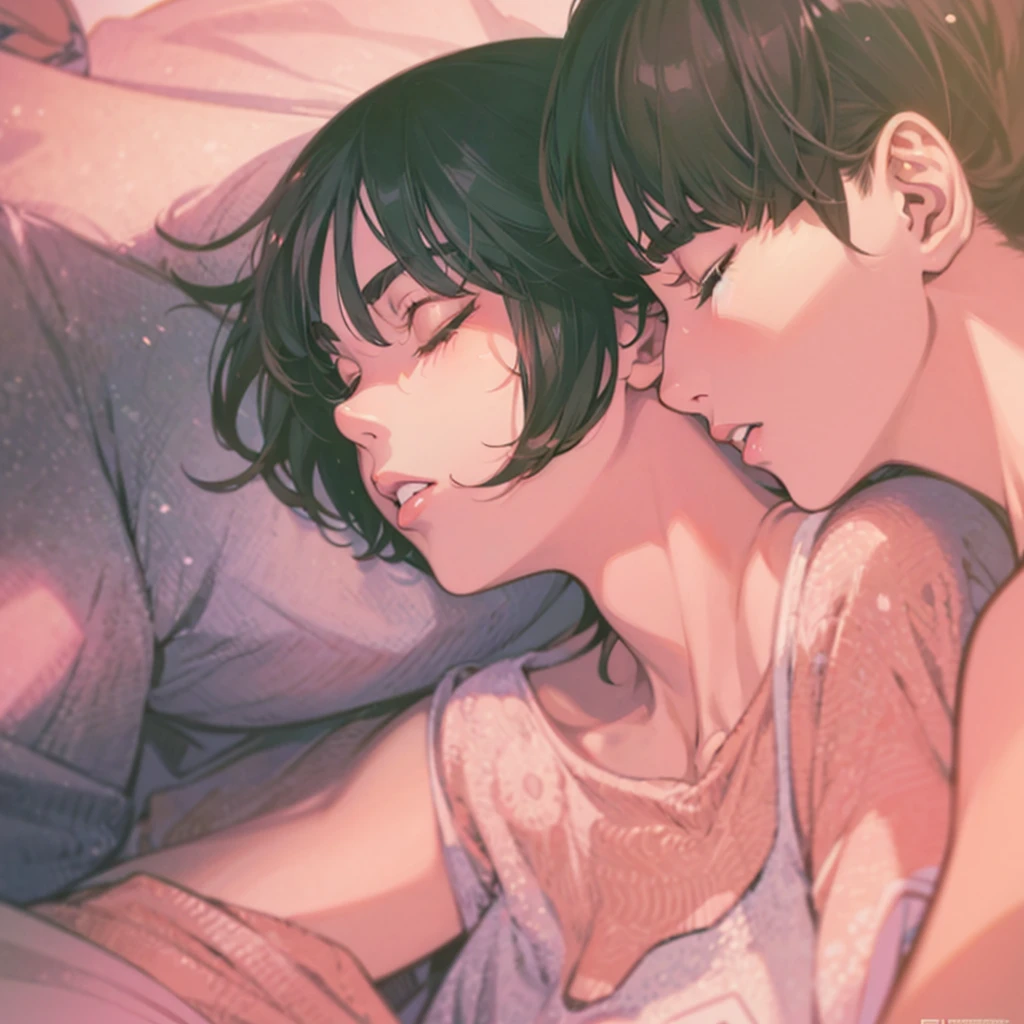 Anime style illustration of a couple sleeping in bed, Nguyen Gia and Joao Nguyen, Kuvshinov ilya, nick silva and ilya Kuvshinov, breathtaking ilya Kuvshinov, ross tran and ilya Kuvshinov, Kuvshinov, ( ilya Kuvshinov ), author:Nobutada Yanagawa