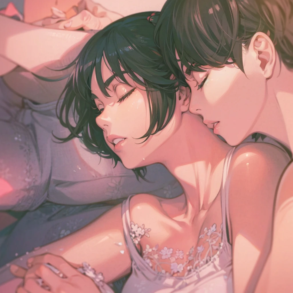 Anime style illustration of a couple sleeping in bed, Nguyen Gia and Joao Nguyen, Kuvshinov ilya, nick silva and ilya Kuvshinov, breathtaking ilya Kuvshinov, ross tran and ilya Kuvshinov, Kuvshinov, ( ilya Kuvshinov ), author：Nobutada Yanagawa