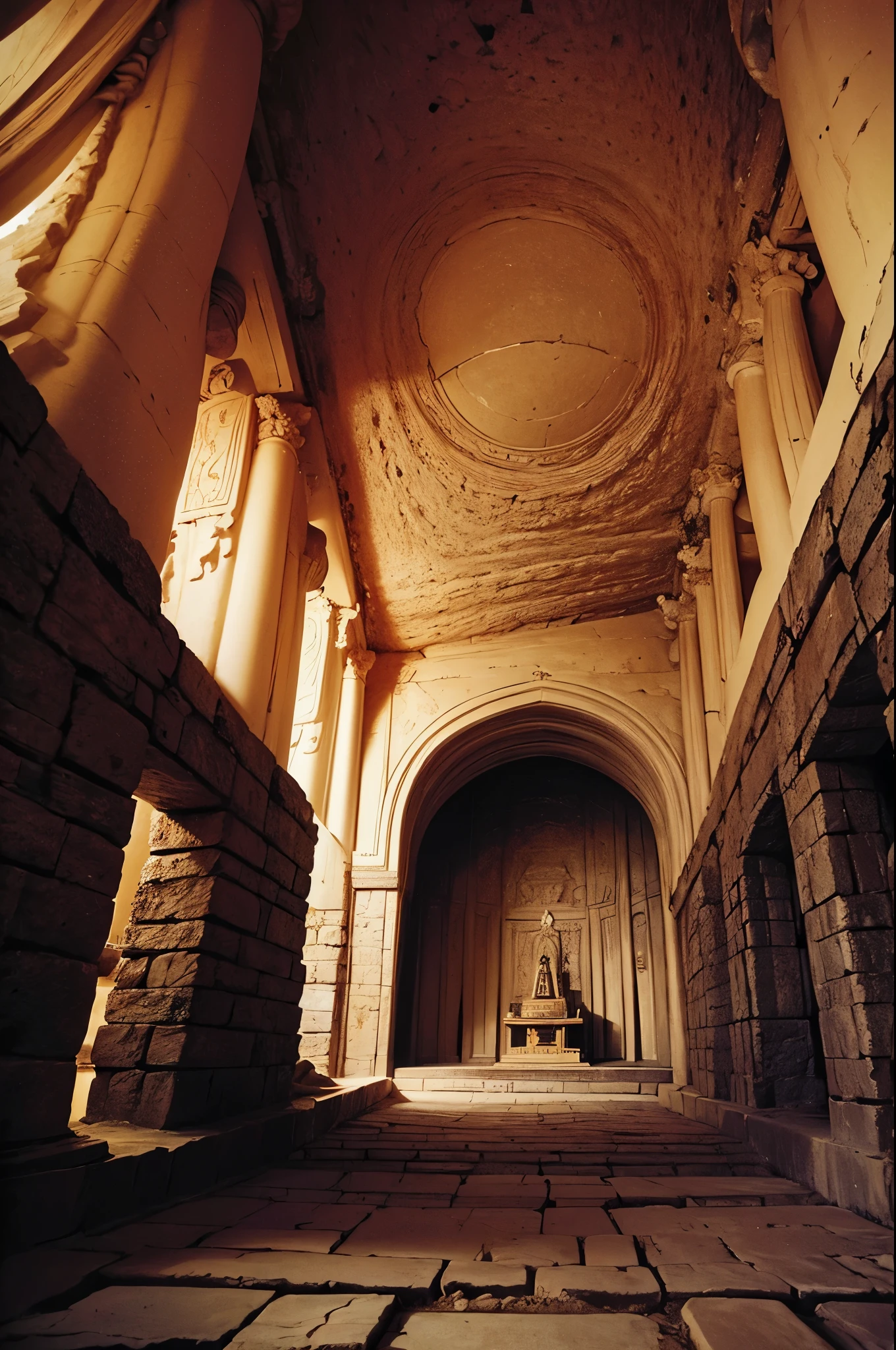 A temple carved into a cave　The ceiling is so high you can&#39;t see above it　dim　Candelabra on the wall　A composition looking diagonally upwards from below
