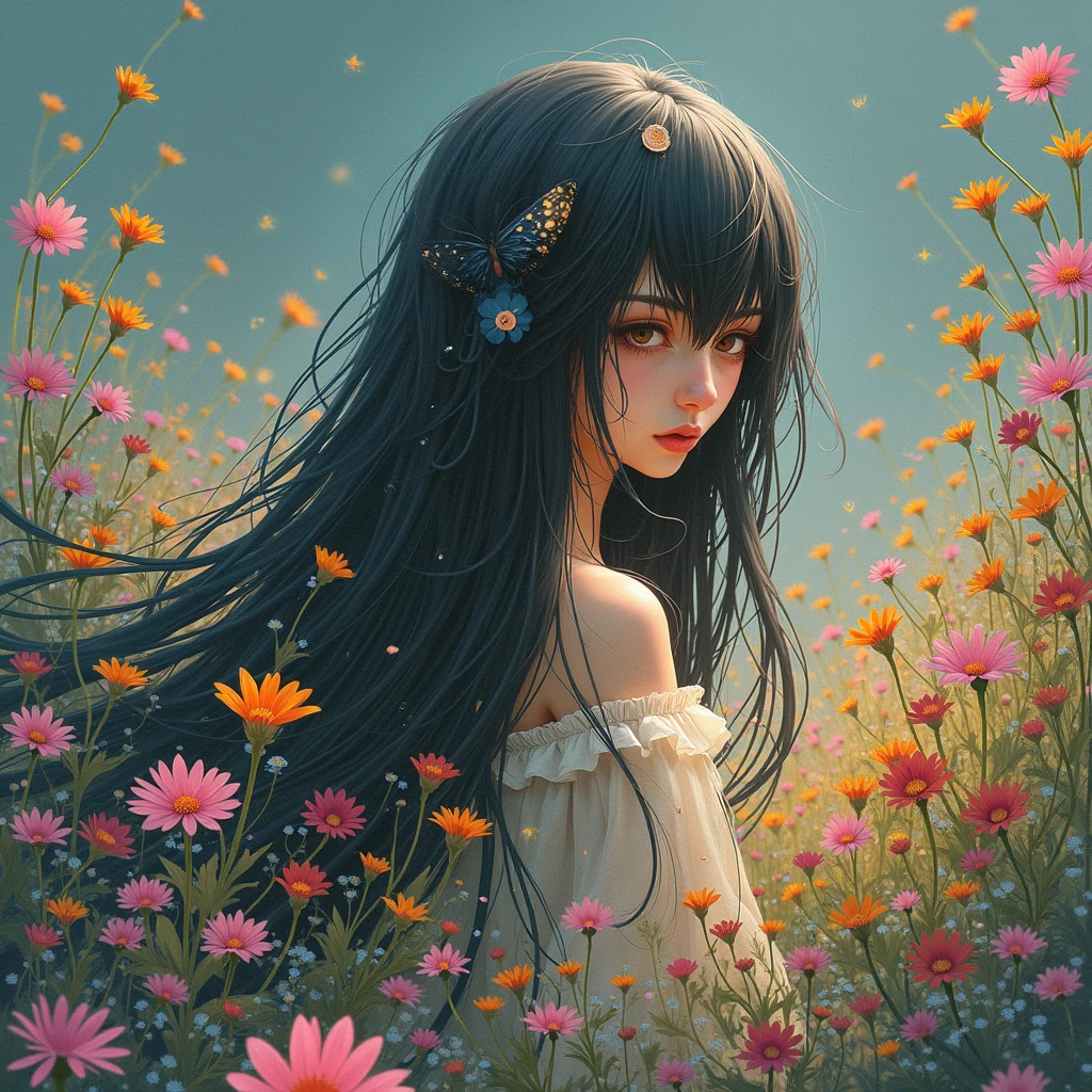 A digital painting of Tree with long black hair, posing amidst wildflowers. surrounded by vibrant colors and shapes that create depth and texture. The artwork has a soft pastel color palette, giving it a dreamy quality. The painting is done in the style of a dreamy, pastel artwork.