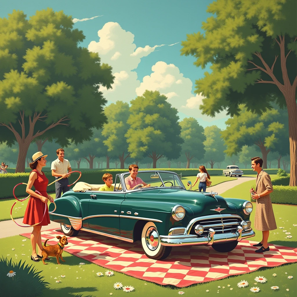 Vintage advertising poster for a luxury car. There's a happy 1950s suburban family picnicking in a well-kept park, with the vintage car parked nearby. Children play with hoops, and everyone is dressed in vibrant, period-appropriate clothing.
