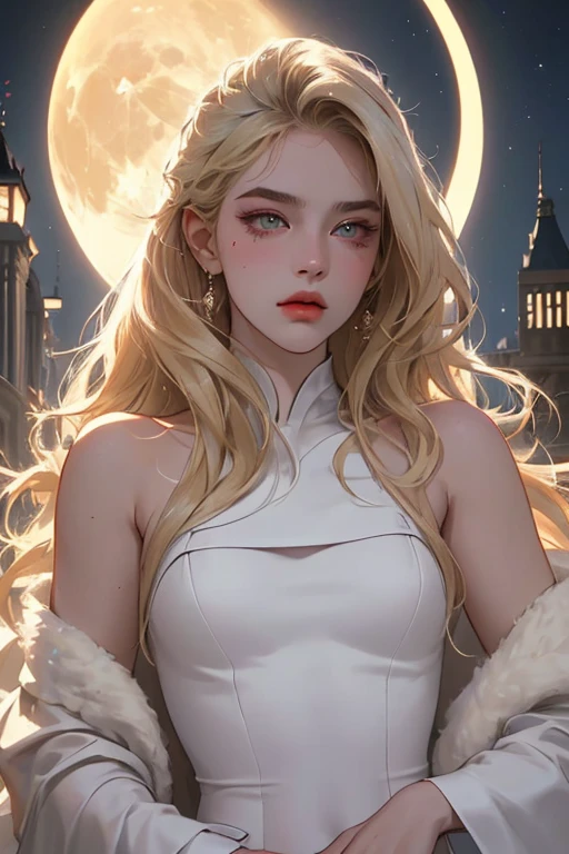 masterpiece, Highest quality, (alone focus), (Perfect Face:1.1), (Attention to detail:1.1), (Ultra-detailed eyes), dramatic, (1 person:0.5), (Pale skin), Long blonde hair, Psychic Eyes, (Thin eyebrows), alone, Long Hair, Jordan Barrett, moon, night, White luxury suit, Covered navel, Pouting, fur, Proud look, Future City, Detailed Background, Art by artgerm, Cinema Lighting, rose, fashion, Balenciaga Style