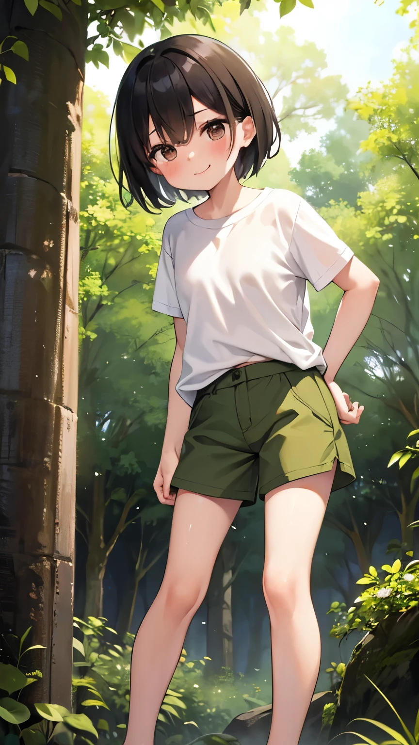 forest,smile,Are standing,Open your eyes slightly,1. small ,short hair,Black Hair,blush,White T-shirt,Olive green shorts,Brown Sandals,White skin,summer,From below,shy,Sweat,Please open your mouth wide,Wet, Place your hands behind your back,