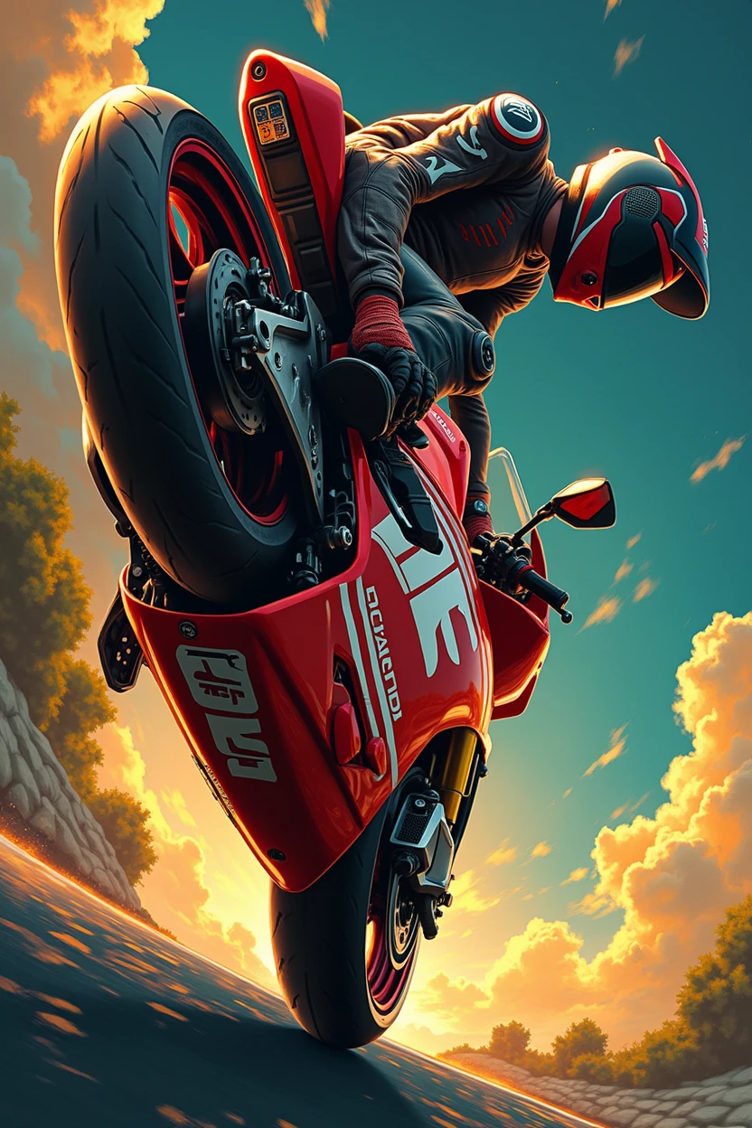 A motorcyclist on a Ducati Panigale V4 in motion on a red motorcycle performs a daring wheelie on a winding road, set against a warm-toned sky hinting at sunrise or sunset's golden glow. The rider's helmet and lean posture convey a sense of focus as they expertly balance the bike on its rear wheel. The curved road snakes through a lush verdant landscape, adding depth to the dynamic composition. , retina, accurate, masterpiece, super detail, high details, best quality, award winning, highres, HD, 4K, 8k, 16k, retina, accurate, masterpiece, anatomically correct, textured skin, super detail, high quality, award winning, highres, 8k, 16k