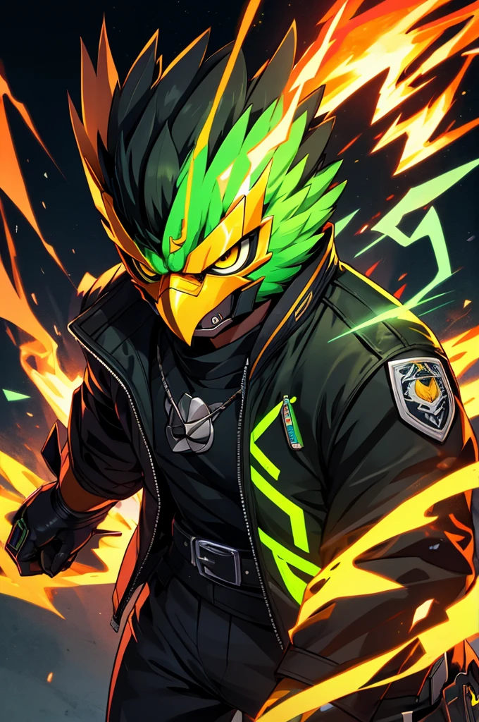 offcial art, Unity 8k papel de parede, ultra detaild, bonitas,so the hawk man head with green aura of anthropomorphic fire ,neon eagle mask, with black jacket, with an angry face, ,fluffly, cute, shorty, kawaii, drawing 2