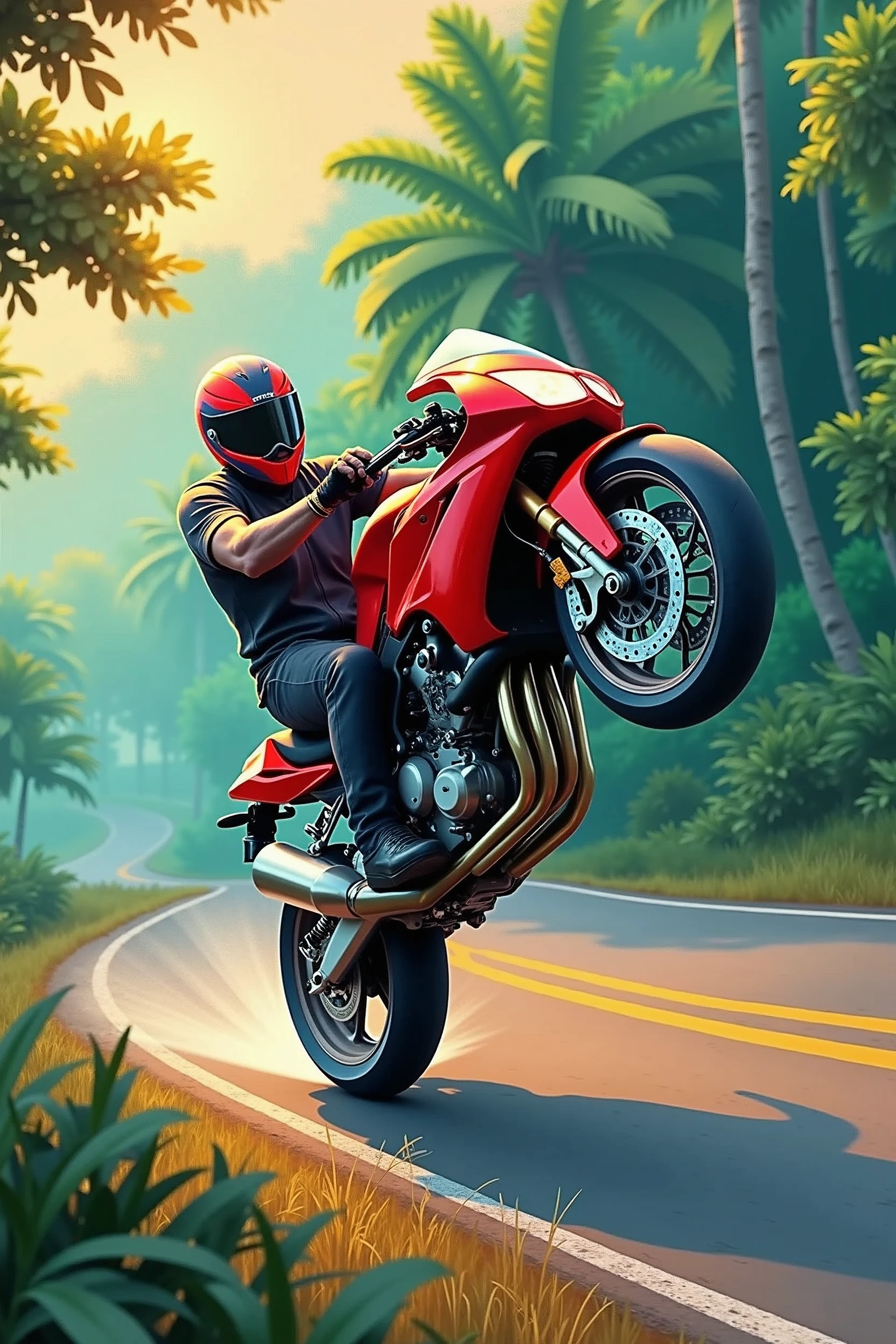 A motorcyclist in motion on a red motorcycle performs a daring wheelie on a winding road, set against a warm-toned sky hinting at sunrise or sunset's golden glow. The rider's helmet and lean posture convey a sense of focus as they expertly balance the bike on its rear wheel. The curved road snakes through a lush verdant landscape, adding depth to the dynamic composition. , retina, accurate, masterpiece, super detail, high details, best quality, award winning, highres, HD, 4K, 8k, 16k, retina, accurate, masterpiece, anatomically correct, textured skin, super detail, high quality, award winning, highres, 8k, 16k