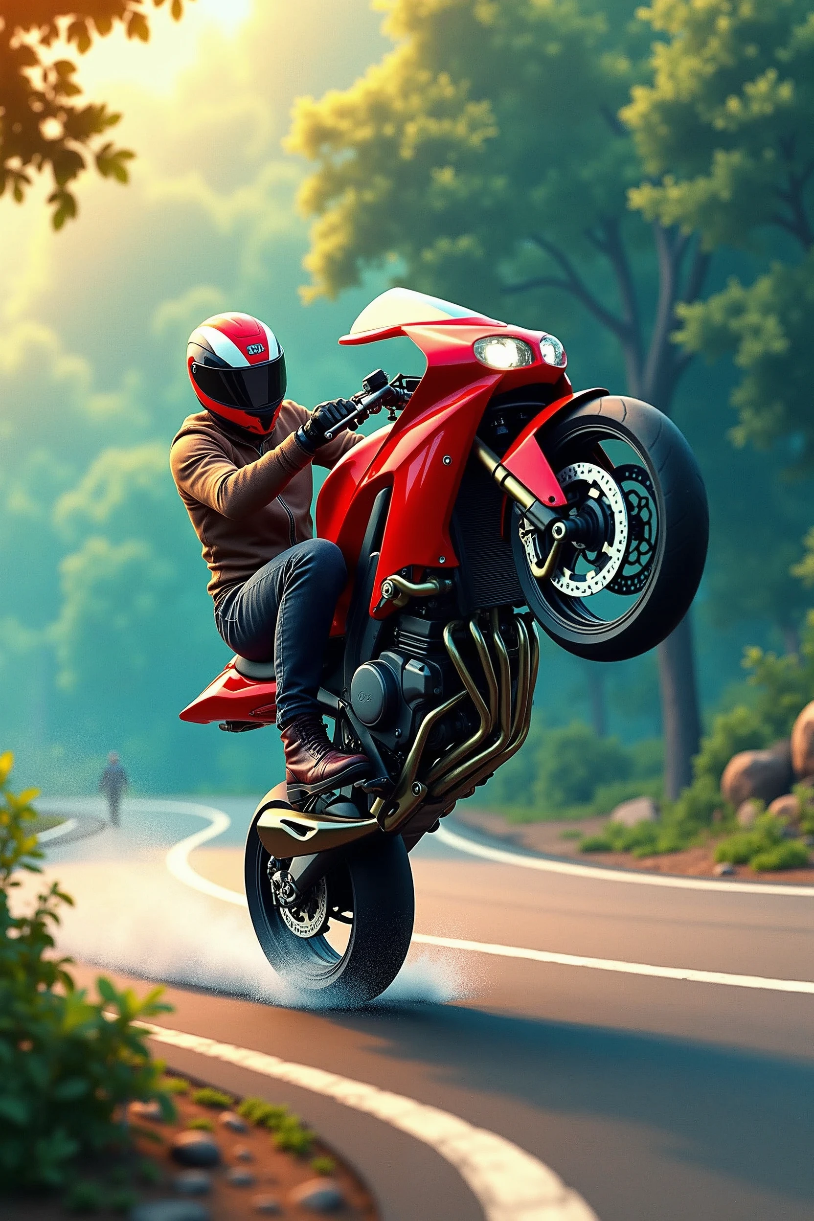A motorcyclist in motion on a red motorcycle performs a daring wheelie on a winding road, set against a warm-toned sky hinting at sunrise or sunset's golden glow. The rider's helmet and lean posture convey a sense of focus as they expertly balance the bike on its rear wheel. The curved road snakes through a lush verdant landscape, adding depth to the dynamic composition. , retina, accurate, masterpiece, super detail, high details, best quality, award winning, highres, HD, 4K, 8k, 16k, retina, accurate, masterpiece, anatomically correct, textured skin, super detail, high quality, award winning, highres, 8k, 16k