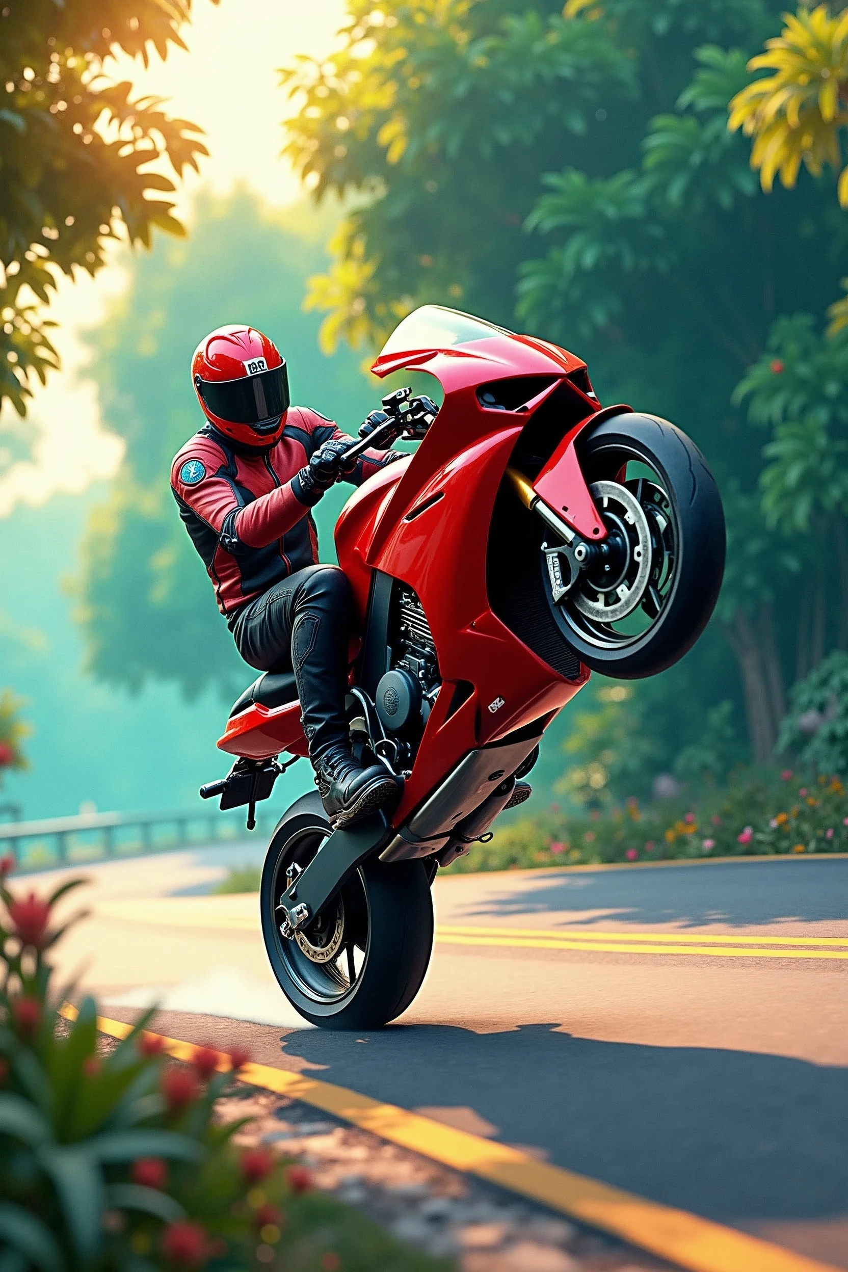 A motorcyclist in motion on a red motorcycle performs a daring wheelie on a winding road, set against a warm-toned sky hinting at sunrise or sunset's golden glow. The rider's helmet and lean posture convey a sense of focus as they expertly balance the bike on its rear wheel. The curved road snakes through a lush verdant landscape, adding depth to the dynamic composition. , retina, accurate, masterpiece, super detail, high details, best quality, award winning, highres, HD, 4K, 8k, 16k, retina, accurate, masterpiece, anatomically correct, textured skin, super detail, high quality, award winning, highres, 8k, 16k
