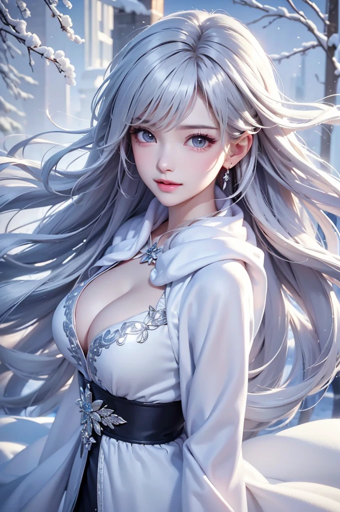 ((masterpiece:1.5、8k、Portraiture、フォトリアリスティックでVery detailedなCG、Very detailed、Particle Effects、Dynamic Effects、Shallow depth of field、Cinematic Light、Lens flare、Ray Tracing、Tabletop、Realistic:1.4、Ultra-high resolution:1.2、Realistic、Realistic))((alone、,オフショルダーのドレスの上にカシミアのcoatを着た女性:1.4、wear a long scarf、White belt、coat、Elegant woman posing、Detailed face、bright表情、young, bright, Whiter skin、small breasts、cleavage, Best Looks、Ultimate beauty、Shiny silver hair with highlights、bright and shiny hair,、Super long, Silky straight hair、Hair dancing in the wind))(morning、outdoors, winter, snow falling)