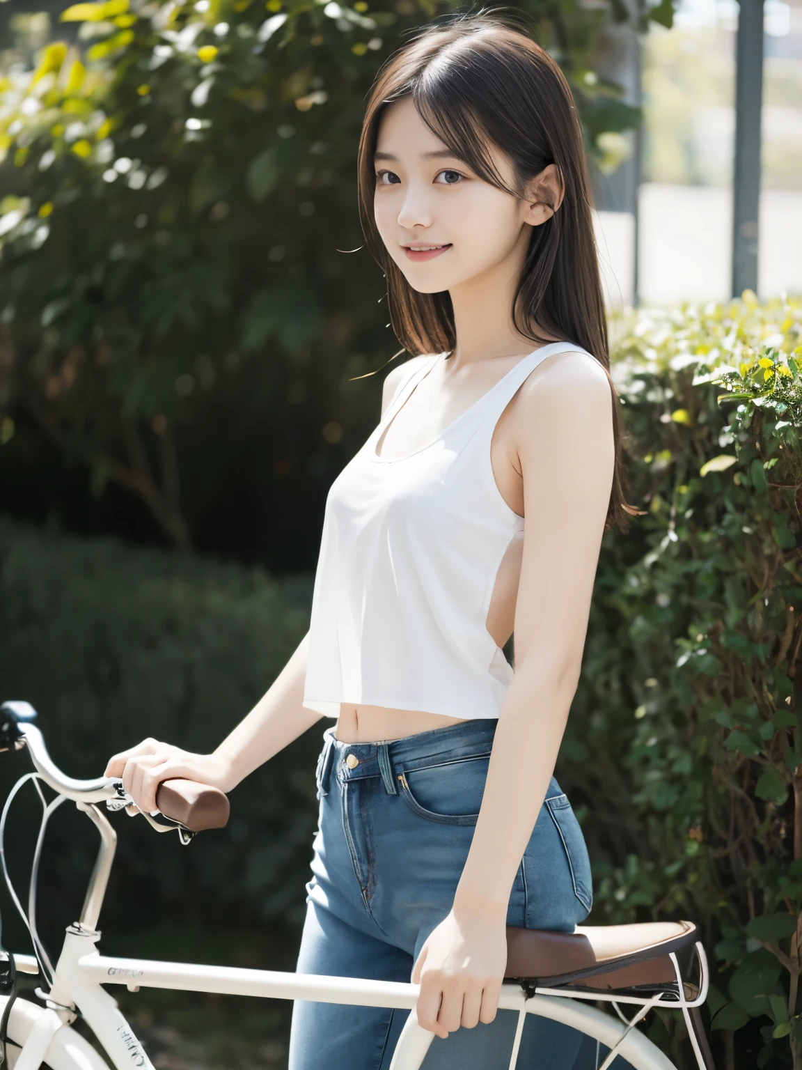 masterpiece, highest quality, 8K, , RAW photo, award-winning portraits, alone, noon, idol face,whole body,violaces, delicate girl, whole body, Completely naked、Digital single-lens reflex camera, looking at the viewer, shy smile、shame、flushed cheeks、thin arms, small breasts, nipple, small ass、thin waist、Frank, Sophisticated, like々New, thin arms, professional lighting, film grain, black eyes,chromatic aberration, (detailed eyes and face:1.0), (Bokeh:1.1),(hyper pretty face:1.2),(white tank top:1.3),(short blue jeans:1.2),(whole body:1.3),(above the knee:1.3),(cute girls ride the bicycle:1.3),(angle from the side:1.3), (transparent nipples:1.3),looking at the viewer