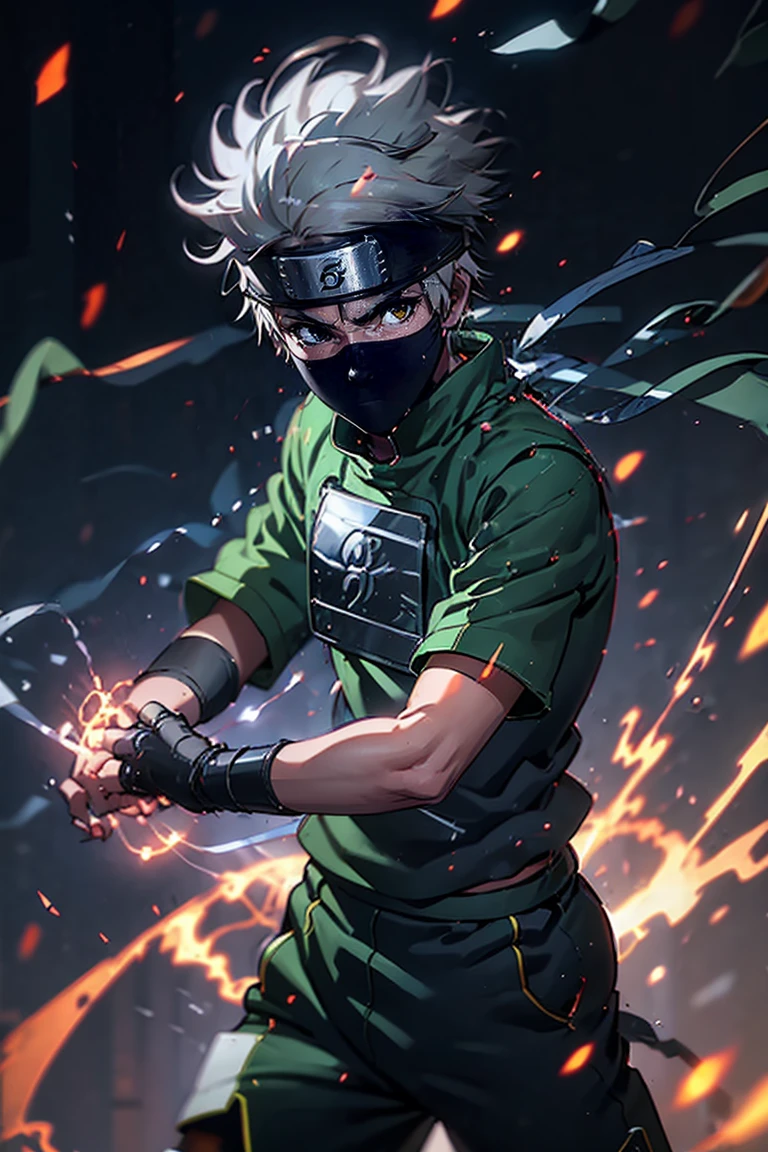 white hair boy, 12 years, saika totsuka, indifferent look, wearing an Anbu uniform consisting of gray chest armor over a black shirt and with pants of the same color. On his back he has a ninjato and some scrolls. in your legs, He carries two ninja bags.. He wears fingerless gloves on his hands with a metal plate on their backs..