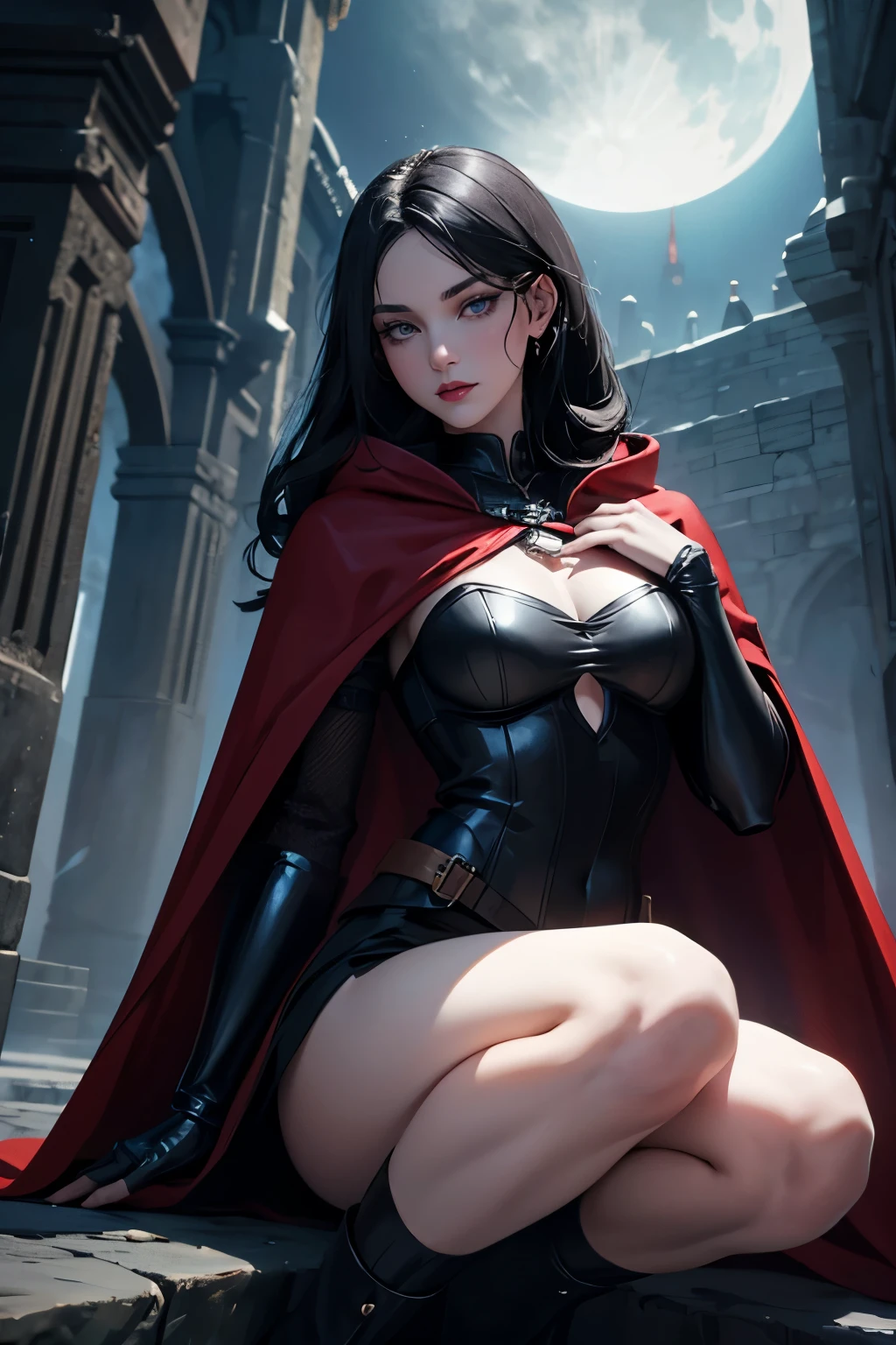 full body portrait, 1girl, solo, (long messy black hair), detailed face, mischief expression, pale white skin, (detailed eyes), long eyelashes, black eye liner, red lipstick, black tunic, red cloak, long dress, leather glove, (chest armor), moonlight, hard lighting, blue light, cold light, (medieval theme), (masterpiece), super detailed, best quality, POV