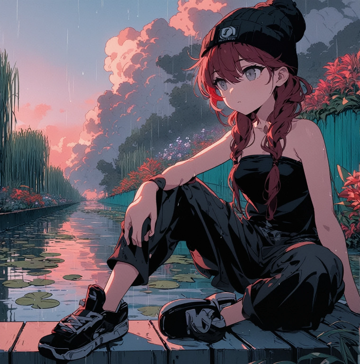 ((Close up, upper body, short young woman from with gray eyes, dark red hair in low twin tails, swept bangs, stoic, strapless black shirt, black beanie, jeans, small breasts, thin)), toned arms,  in tropical climate after intense storm, dense overcast parting to reveal a red-orange sunset, wall of rain and visible on horizon, slate atmosphere, tropical plants, willow trees, swamp, lily pads, colorful flowers, Cinematic, faded colors, dark shot, muted colors , grainy film, lute, insane details, intricate details, hyper-detailed,
