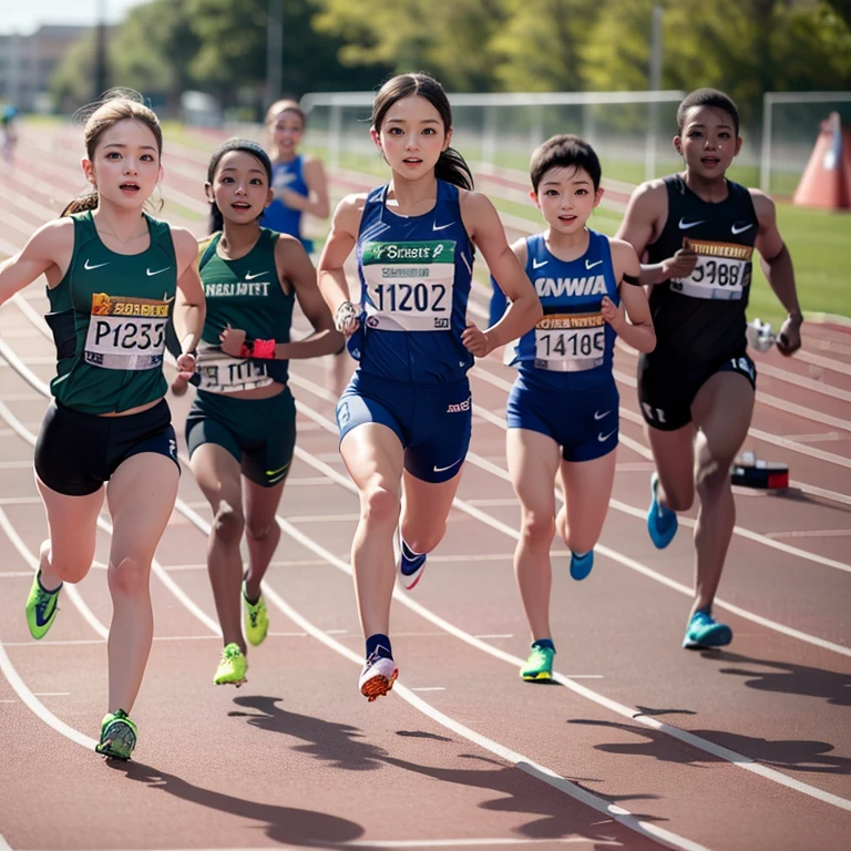 SFW, ExtremelyDetailed (((Track Athlete Kids group in a row:1.4))), Childish perfect face, Reflective Eyes, Detailed(Delicate Clothing textures), Corrected Leg to Foot Line, Detailed Perfect Hand, Dynamic Joyful Expressions LifeLike Rendering, ((Specular Reflection:1.2)), mirrors, TopQuality 8K Ultra-detailed masterpiece (ProfessionalPhoto:1.37)(Acutance:0.8),(Luminism),(Exposed:0.33)
