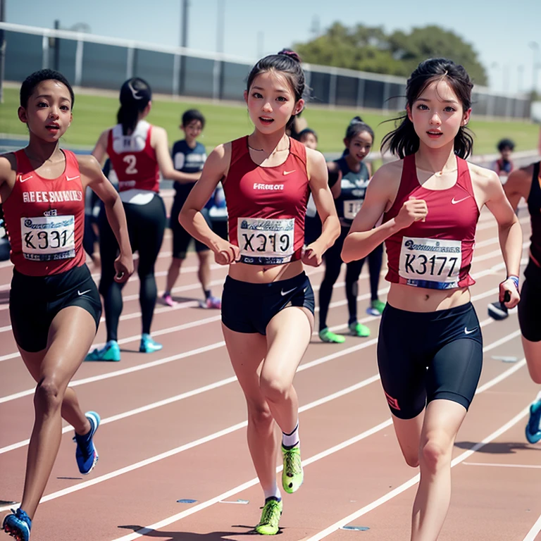 SFW, ExtremelyDetailed (((Track Athlete Kids group in a row:1.4))), Childish perfect face, Reflective Eyes, Detailed(Delicate Clothing textures), Corrected Leg to Foot Line, Detailed Perfect Hand, Dynamic Joyful Expressions LifeLike Rendering, ((Specular Reflection:1.2)), mirrors, TopQuality 8K Ultra-detailed masterpiece (ProfessionalPhoto:1.37)(Acutance:0.8),(Luminism),(Exposed:0.33)