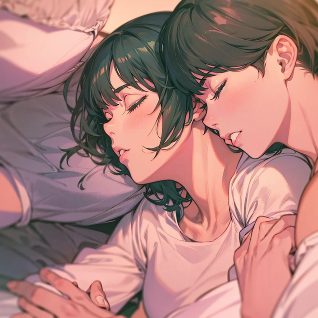 Anime style illustration of a couple sleeping in bed, Nguyen Gia and Joao Nguyen, Kuvshinov ilya, nick silva and ilya Kuvshinov, breathtaking ilya Kuvshinov, ross tran and ilya Kuvshinov, Kuvshinov, ( ilya Kuvshinov ), author:Nobutada Yanagawa