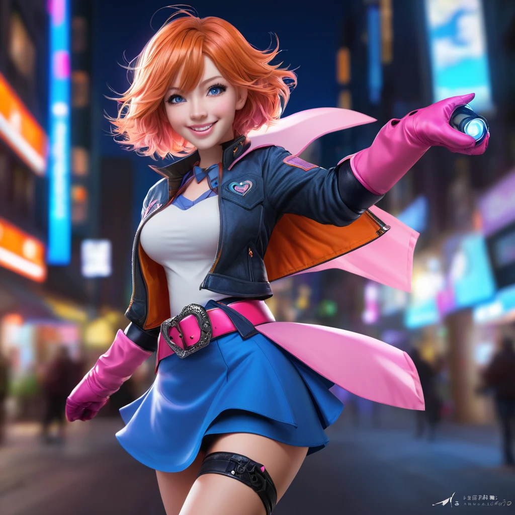 1girl,cowboy shot, beautiful nora_valkyrie, looking at viewer, smile, short hair, blue eyes,heart cutout, gloves, jacket, pink skirt, pink belt, short sleeves, puffy sleeves, single armband, fingerless gloves, orange hair, pink gloves, dynamic pose, night, outdoors, city, (volumetric lighting), best quality, masterpiece, intricate details, tonemapping, sharp focus, hyper detailed, trending on Artstation