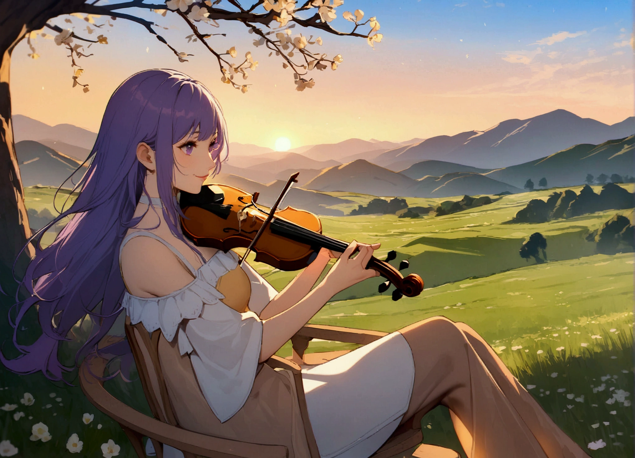 Girl with violin,sunset,Golden sunlight,Hills and meadows,Beautiful attention to detail,Flowing Hair,Ethereal atmosphere,Soft and calming colors,Romantic atmosphere,Warm lighting,Lush greenery,A harmonious blend of nature and music,The melodic sound of a violin,Peaceful and serene environment,Otherworldly experience,Emotionally captivating,Artistic masterpieces,High-resolution images,Delicate strokes of the brush,Vibrant colors,Classic artwork feel,magical dreamy atmosphere, shokokomidef, Purple Hair, Purple eyes, Long Hair, smile