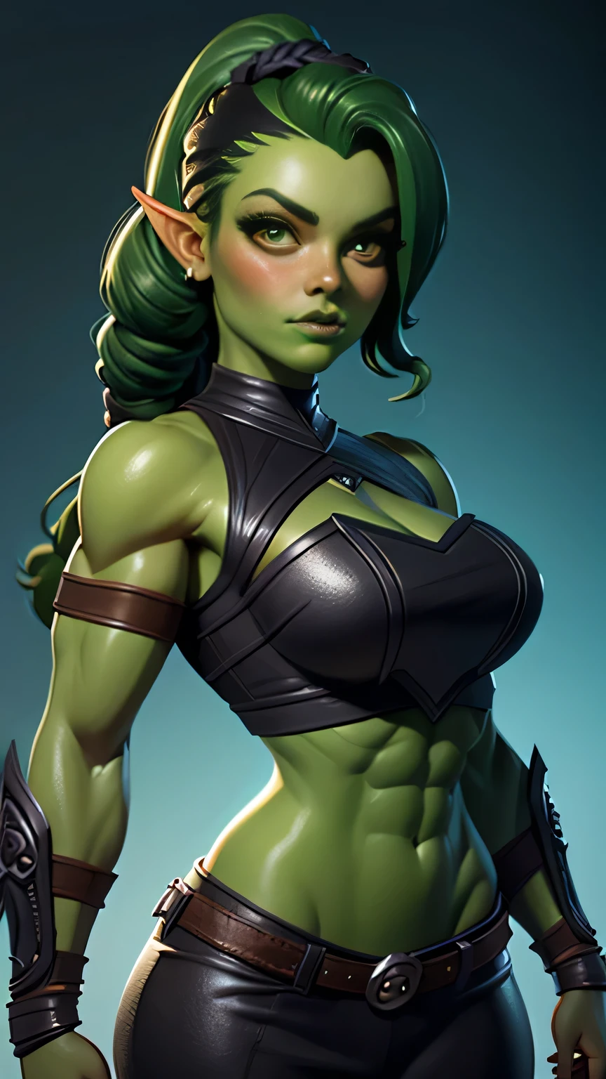 photo of beautiful Orc, RAW, beautiful woman, (portrait), (detailed Kawaii face:1.2), (detailed feature, detailed green skin, glossy lips, luscious dark green lips, clear green skin), (Long braided hair), (perfect proportioned body, Strong, muscular, narrow waist, narrow hips, skinny, large breasts), (she wears cropped leather armor), dark forced background, (realistic photo, best quality, detailed), (8k wallpaper), (cinematic lighting, beautiful light, (day:1.3)) (sharp focus, intricate)