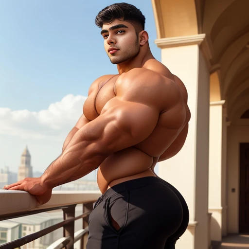 4 meter tall slightly overweight indian men. 20 years old. Childish Young hairless fresh face. In london with friend. Very sexy Posing for camera. Muscular. Wearing a henley and a tight black sweat pants. Big ass. Smooth body and face. Belly seen. Long long legs. View from the side. Sunlight.