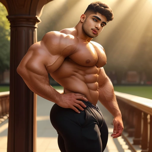 4 meter tall slightly overweight indian men. 20 years old. Childish Young hairless fresh face. In london with friend. Very sexy Posing for camera. Muscular. Wearing a henley and a tight black sweat pants. Big ass. Smooth body and face. Belly seen. Long long legs. View from the side. Sunlight.