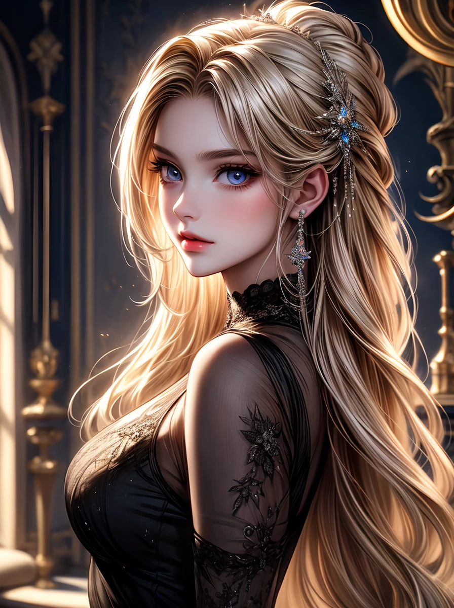 A girl in a room,beautiful detailed eyes,beautiful detailed lips, very long hair, blonde hair, princess hairstyle, extremely detailed eyes and face,longeyelashes,illustration,ultra-detailed,best quality,4k,8k,highres,masterpiece:1.2,ultra-fine painting,sharp focus,professional,vivid colors,portraits, light smile, black aura