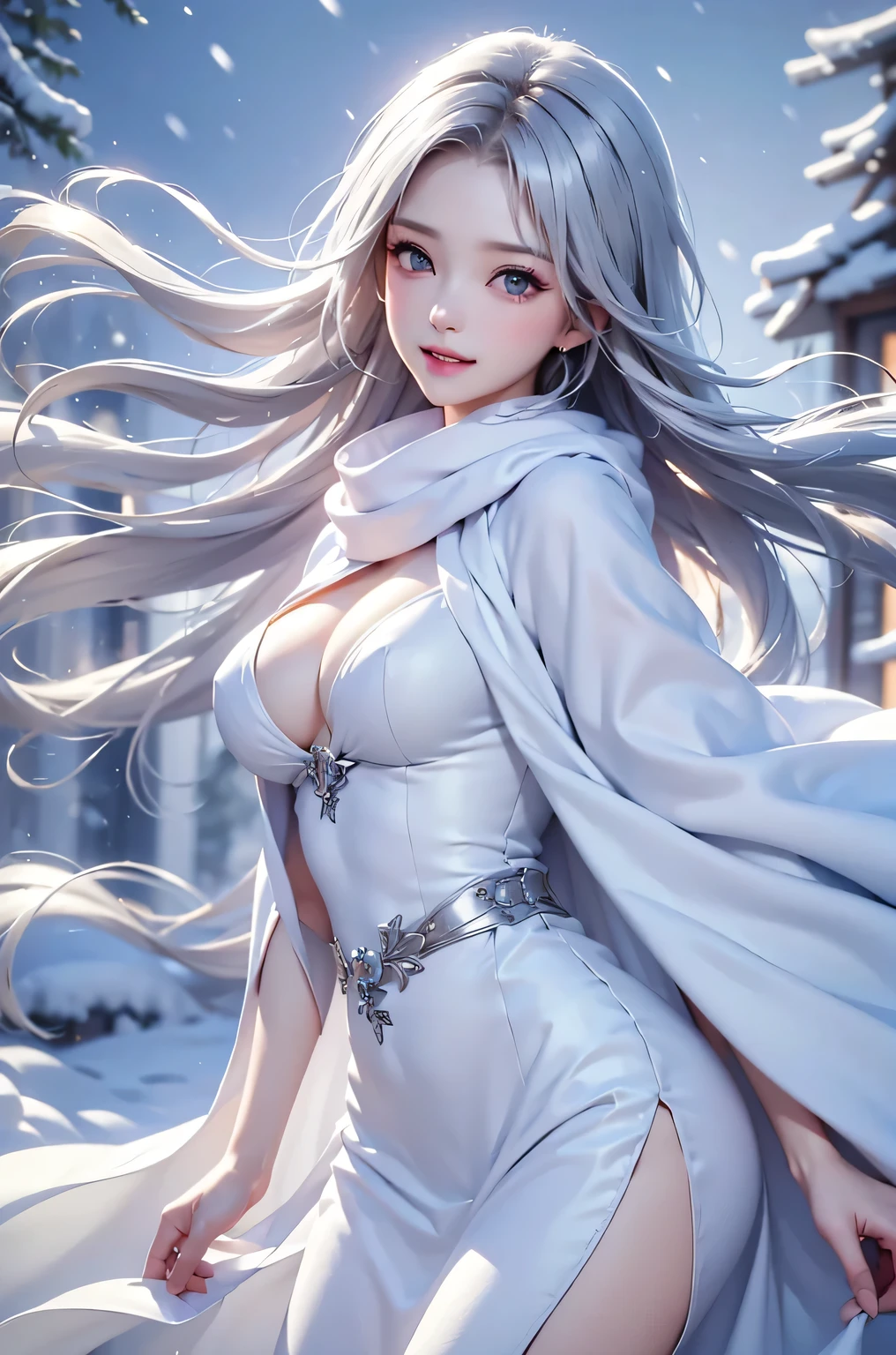 ((masterpiece:1.5、8k、Portraiture、Photorealistic and very detailed CG、Very detailed、Particle Effects、Dynamic Effects、Shallow depth of field、Cinematic Light、Lens flare、Ray Tracing、Tabletop、Realistic:1.4、Ultra-high resolution:1.2、Realistic、Realistic))((alone、,A woman wearing a cashmere coat over an off-the-shoulder dress:1.4、wear a long scarf、White Belt、coat、Elegant woman posing、Detailed face、brightexpression、young, bright, Whiter skin、small breasts、cleavage, Best Looks、Ultimate beauty、Shiny silver hair with highlights、bright and shiny hair,、Super long, Silky straight hair、Hair dancing in the wind))(morning、outdoors, winter, snow falling)