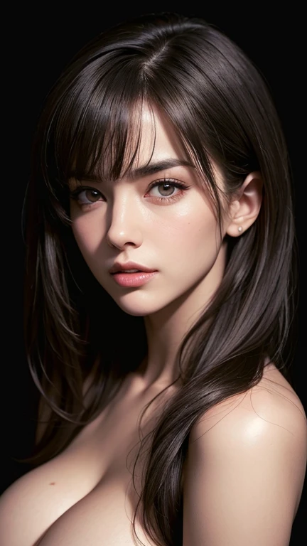 masterpiece, best quality, RAW photos, realistic-lying, A high resolution, hyper-detailing, Focus on the face, Detailed eyebrows, realistic beautiful eyes, realistic glossy skin, straight Bangs, realistic movie lighting, detail shaded, high contrast, Slender, big boob, Big breasts, Exposed cleavage, open mouse, nsfw, Sexy face, Facial expressions when receiving pleasure, ((Dark background)),