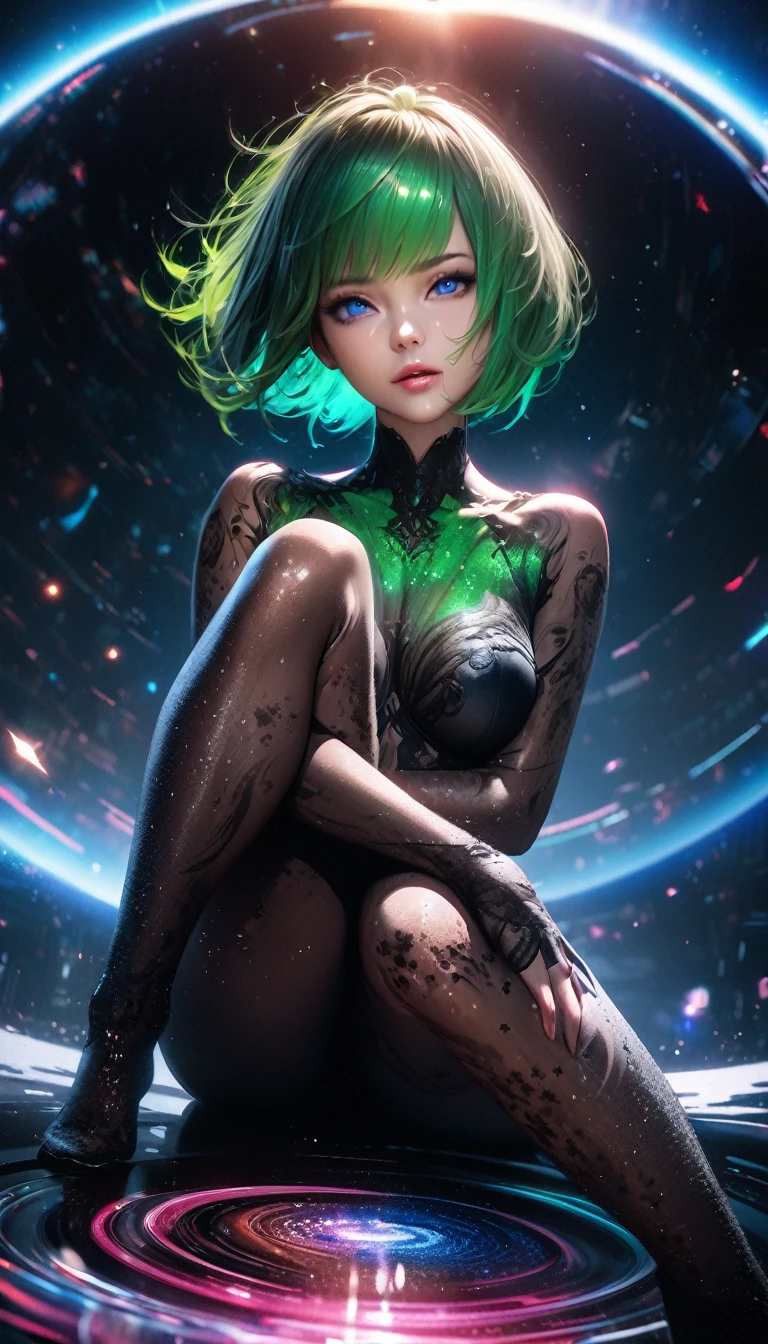 beauty, green pixie cut, blue eyes, amorous and lewd face, make-up, covered in tattoos, great proportion, sitting on a cosmic ray that has come out of a black hole, shading effects, gradation magic effects, foggy filter effects, glitter effects, (ultra detailed, absolutely resolution, best quality:1.3), 2.5D, delicate and dynamic, artistic photography, hyper realistic, graphic CG digital art