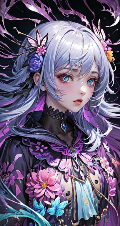 masterpiece, super high quality,( Highly detailed original illustration),( One girl, Upper Body),(( Harajuku fashion)),(( Flower with human eyes, Flower Eyes)), Double exposure, A fluid fusion of abstract art, Glitch,( 2D),( Original illustration composition),( Limited edition color fusion, Maximalism art style, Geometric art style, butterfly, Junk Art) 