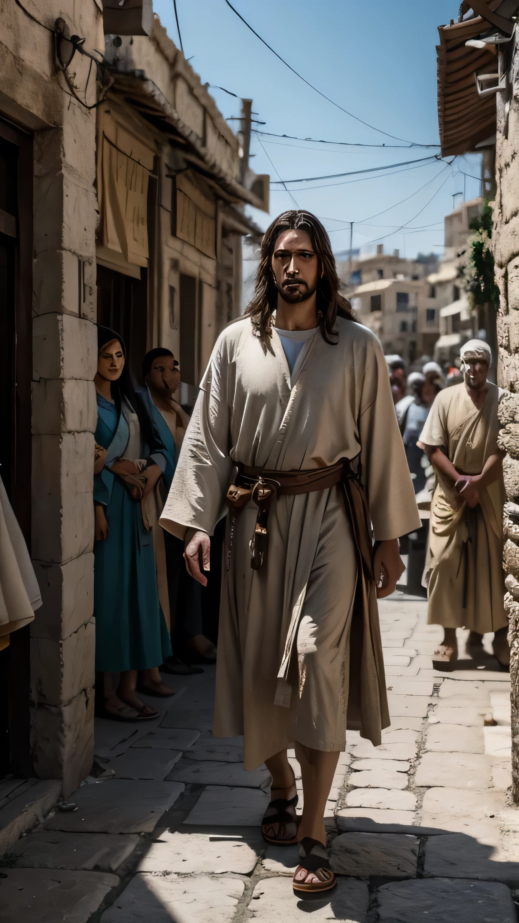 Jesus, illuminated by the intense midday sun, walks alongside his disciples, a talk unfolds to an attentive crowd gathered near the market of Capernaum, textures of ancient clothing and cobblestone streets reproducing the scene in cinematic detail, captured in 8K resolution, stunning realism, dramatic lighting, golden ratio composition.