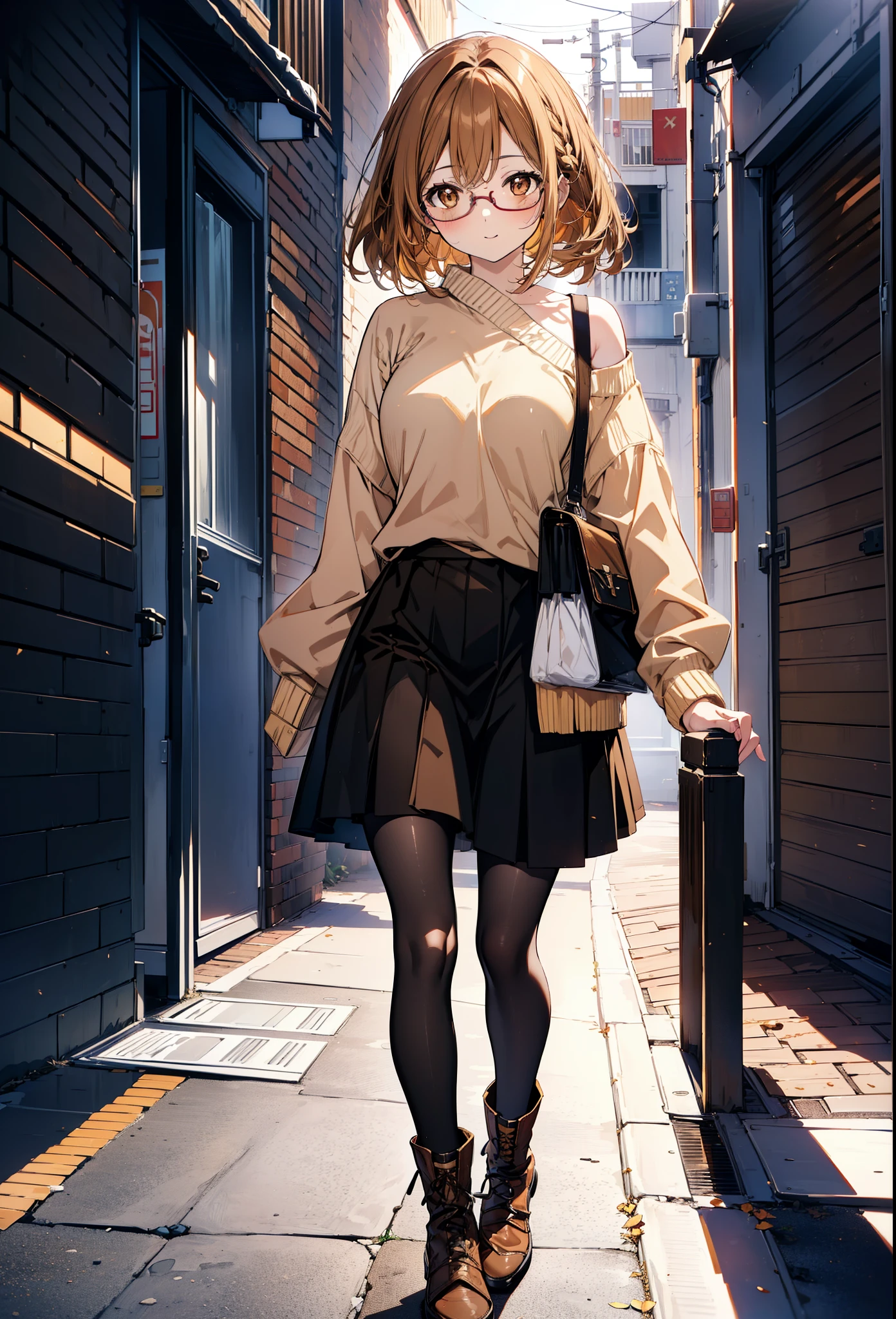 a sun ayuuki, a sun a yuuki, Brown Hair, (Brown eyes:1.8),smile,blush,Long braids,Black-rimmed glasses,Red one-shoulder sweater,Long skirt,Black pantyhose,short boots,Daytime,Clear skies,Walking,whole bodyがイラストに入るように,
break outdoors, Building district,
break looking at viewer, whole body,
break (masterpiece:1.2), Highest quality, High resolution, unity 8k wallpaper, (figure:0.8), (Beautiful attention to detail:1.6), Highly detailed face, Perfect lighting, Highly detailed CG, (Perfect hands, Perfect Anatomy),