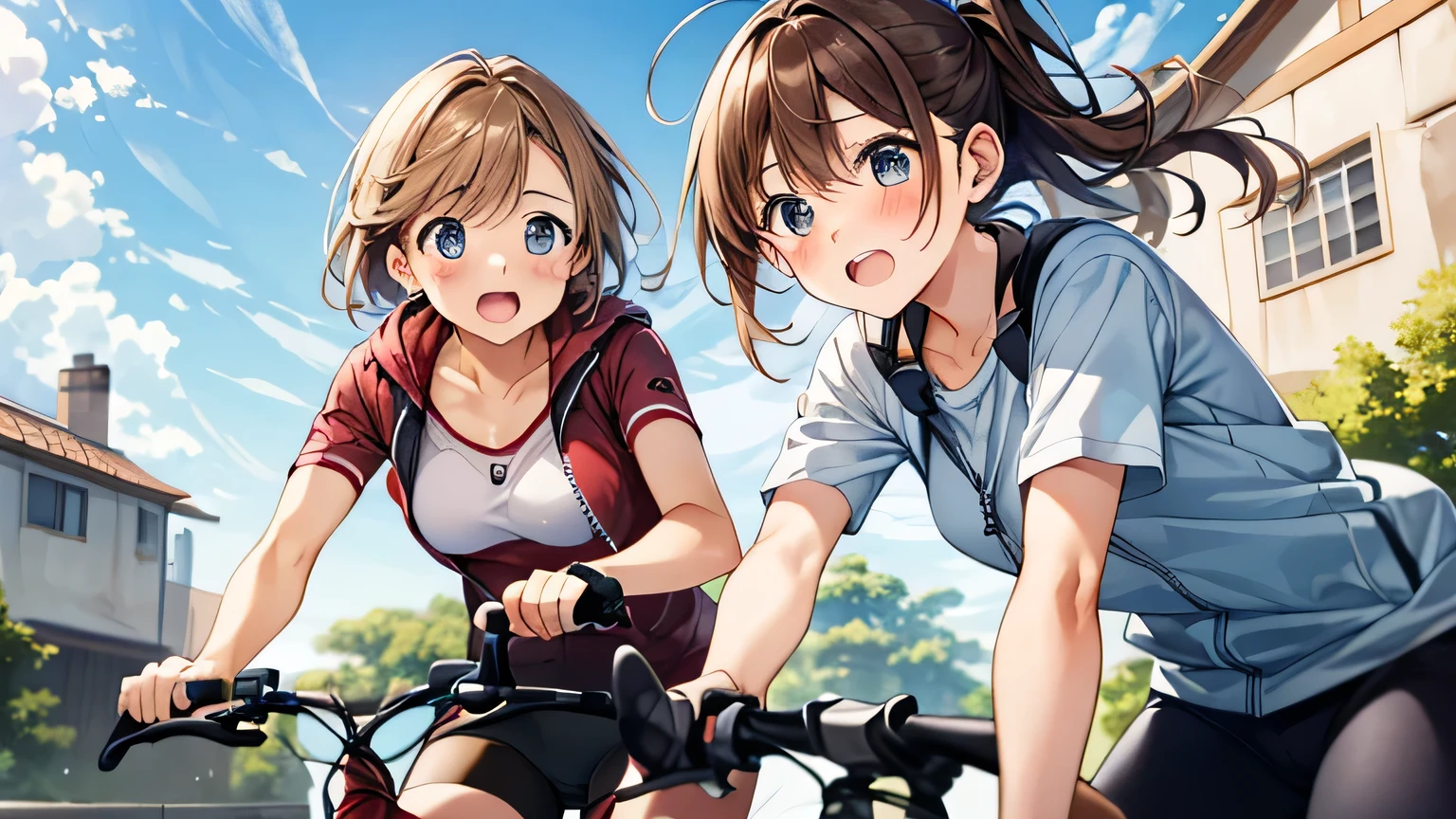 (masterpiece),(Highest quality),(Emotional)、Biking adventures。Going on a bike ride with friends。Two girls。Girl with light brown hair。The expression is a surprised face。