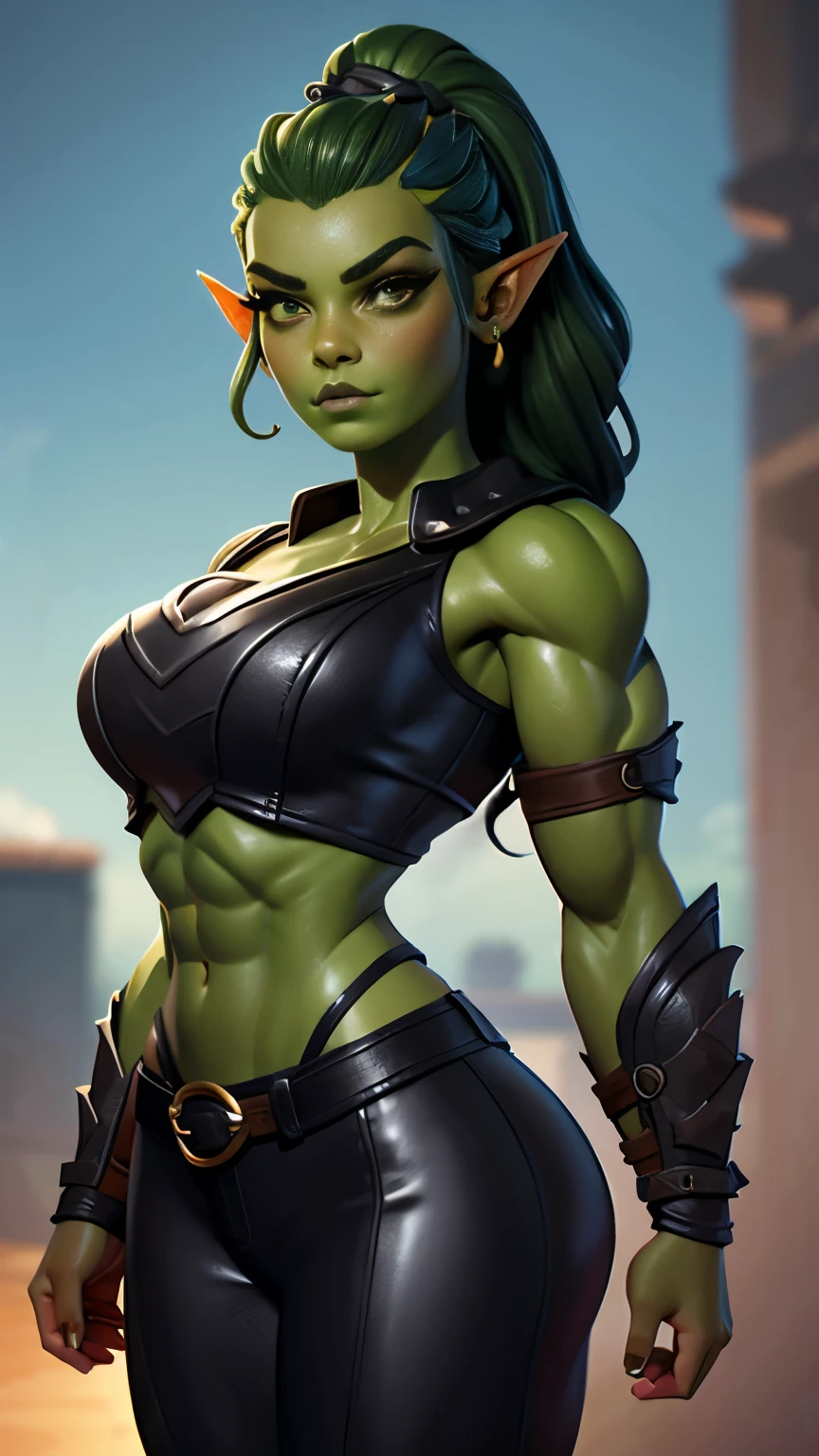 photo of beautiful Orc, RAW, beautiful woman, (portrait), (detailed Kawaii face:1.2), (detailed feature, detailed green skin, glossy lips, luscious dark green lips, clear green skin), (Long braided hair), (perfect proportioned body, Strong, muscular, narrow waist, narrow hips, skinny, large breasts), (she wears cropped leather armor), dark forced background, (realistic photo, best quality, detailed), (8k wallpaper), (cinematic lighting, beautiful light, (day:1.3)) (sharp focus, intricate)