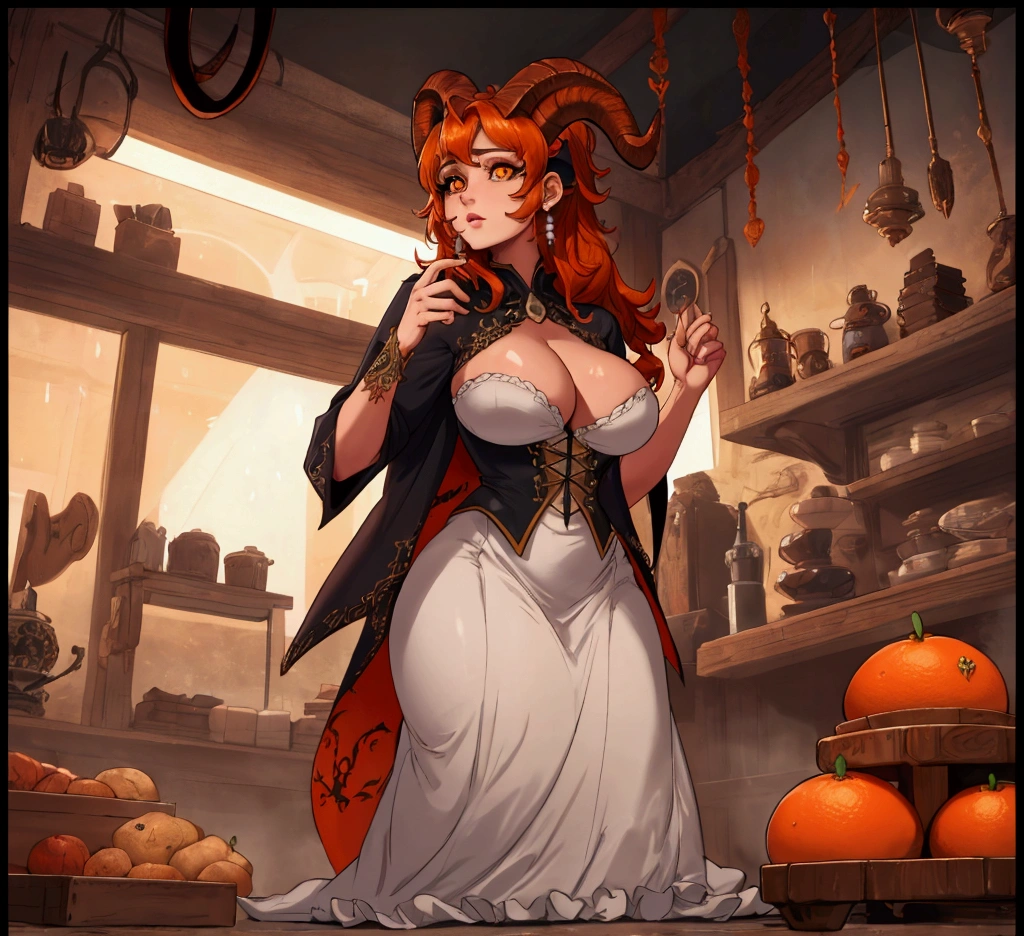 HDR, UHD, 8K, best quality, masterpiece, Highly detailed, sharp focus, detailed, ultra high res, amazing composition, intricate, hyperdetailed, detailed body, (detailed face:1.1), (rendered eyes), (perfect eyes), view from below, solo focus, full body, woman, demon, red skin, hourglass body, orange hair, orange eyes, ram horns, massive breasts, massive cleavage, bakery