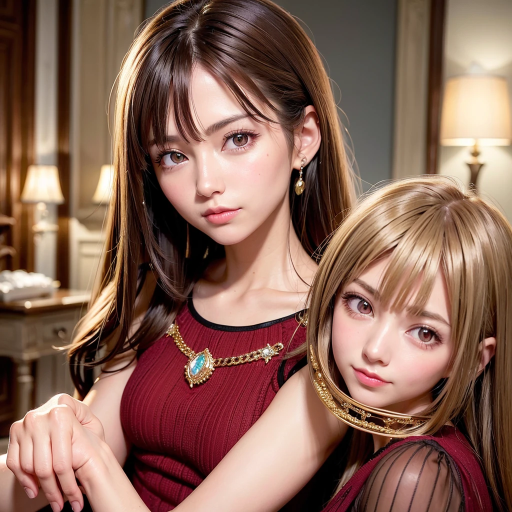 masterpiece,Super Resolution,ultora-detail,ultora-reality paint,high quality,16K-picture quality,photograph,Highly detailed CG,16K wallpaper,18 year old beauty:1.5,1women:1.5,A beautiful woman whose face is illuminated by soft light,The finest beauty,A beautiful woman is looking at me,(((face photograpfy:1.5))),A beautiful face without wrinkles:1.5,Realistic facial expression,Detailed face:1.5,smile,Has very kind eyes,perfect eyes,((ruby pupilis:1.5))),Round eyes,Double Eyed Beauty,Beauty with a very small mouth,Beauty with light pink lips,Very small nose beauty,super shiny hair,super-front-light,White skin,Queen,dress,Golden Chain.Accessories made of rich gemstones,Blonde Hair