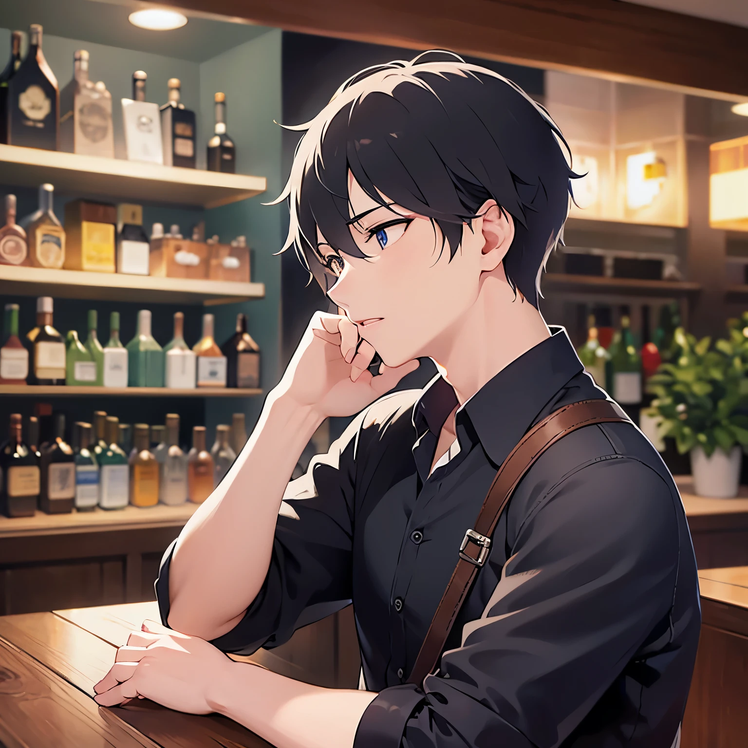 upper body、profile、Side shot、cheek rest,
shiny skin, masterpiece、Highest quality、
(25-year-old male:1.3) and (Black short hair) and (blue eyes),
(black collared shirt)
frown、open mouth,The background is the interior of a bar at night.、(alone:1.5)