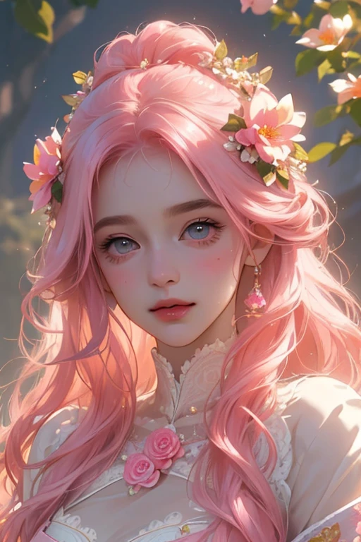 High resolution, Highest quality, Wearing a gorgeous dress,Big bright eyes, Bright and vibrant pink hair, Rosy Cheeks, Soft Light, Very detailed,Beautiful, gentle and bright expression, shiny silky hair, Gorgeous floral hair ornament