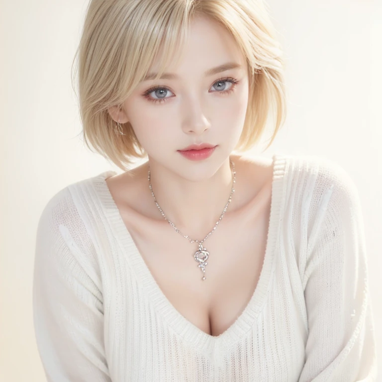 (Highest quality, 8k, 32K, masterpiece, Ultra-high resolution:1.2),Beautiful American Women Photos, Large Breasts, Very short bob hair,Upper Body,Face Focus,(Extra Large_sweater,:1.1) necklace, Simple Background, View your viewers, Leaning forward,Platinum Blonde Hair