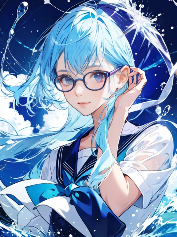 Sea motif　Blue Hair　Wearing small glasses　Beautiful water splashes　Transparency　Gradient hair　Eye color is purple　Dressed in a sailor uniform　Vibrant Background　Zoom in on face