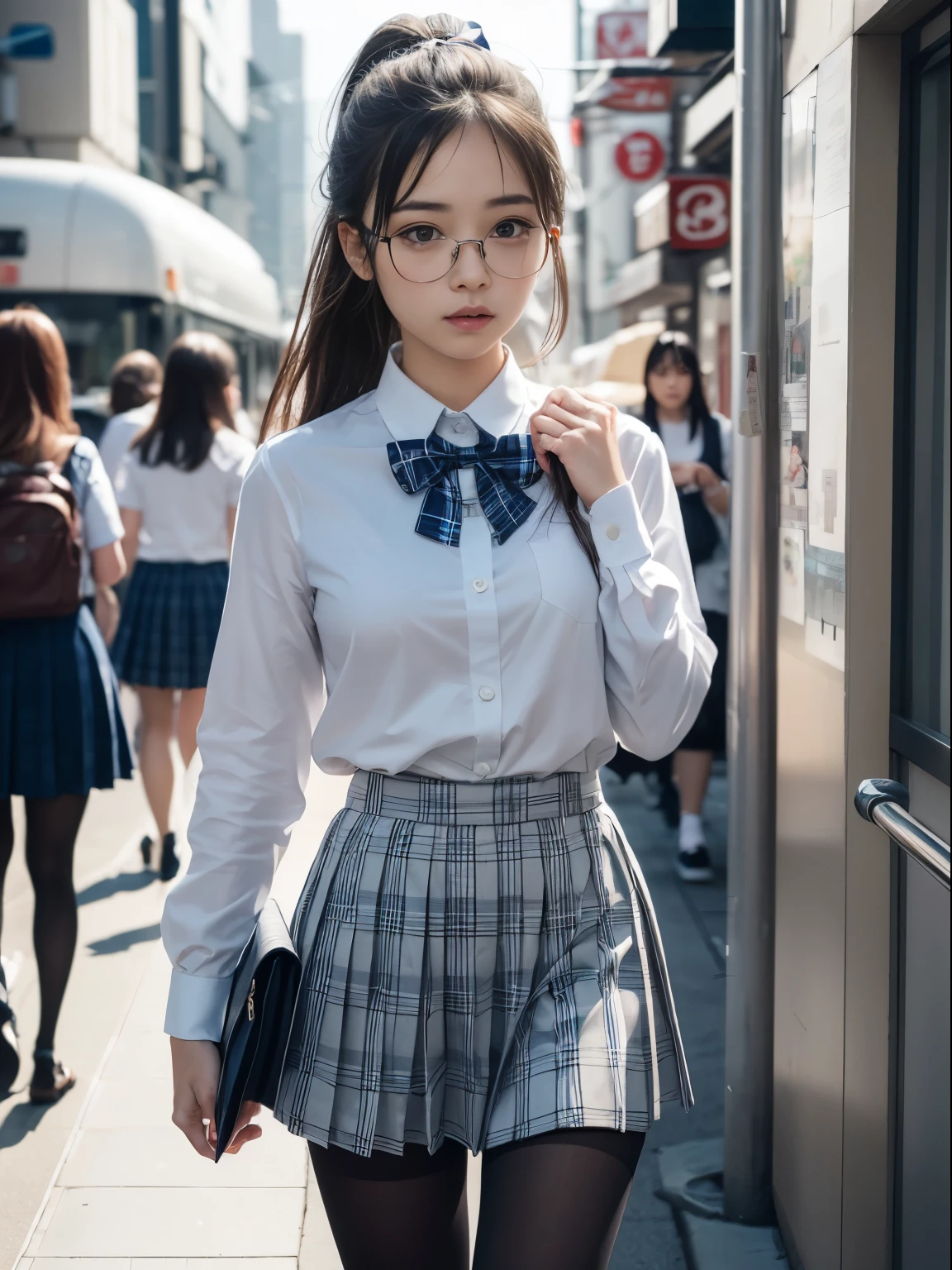 (8k、生photograph、Highest quality、masterpiece:1.2)、(ponytail)、(Small eyes)、((Black Pantyhose))、((Small breasts)、(Small breasts)、(Small breasts)、(Cutting board)、(Cutting board))、((Half an eye))、((Sleepy eyes))、((Squint your eyes))、(Round Glasses)、One person、cute、JK、high school girl、Japanese women、Are standing、(PhotoReactive:1.37)、Photon Mapping、Real、(Very delicate face)、cute小さな顔、Brown eyes、(Red bow tie)、Radio City、Physically Based Rendering、Prospect、Character boundary depth、Blurred Background、photograph、girl、body、Beautiful feet、Long legs、Thin legs、(前hairが見える)、hair、lips、Blue_The目、Soft Nose、(Light blue shirt)、(Navy, blue and white plaid pleated skirt)、High school uniforms、See-through clothing、Thighs、black cotton socks、Nogizaka Idol、、Japan Ido