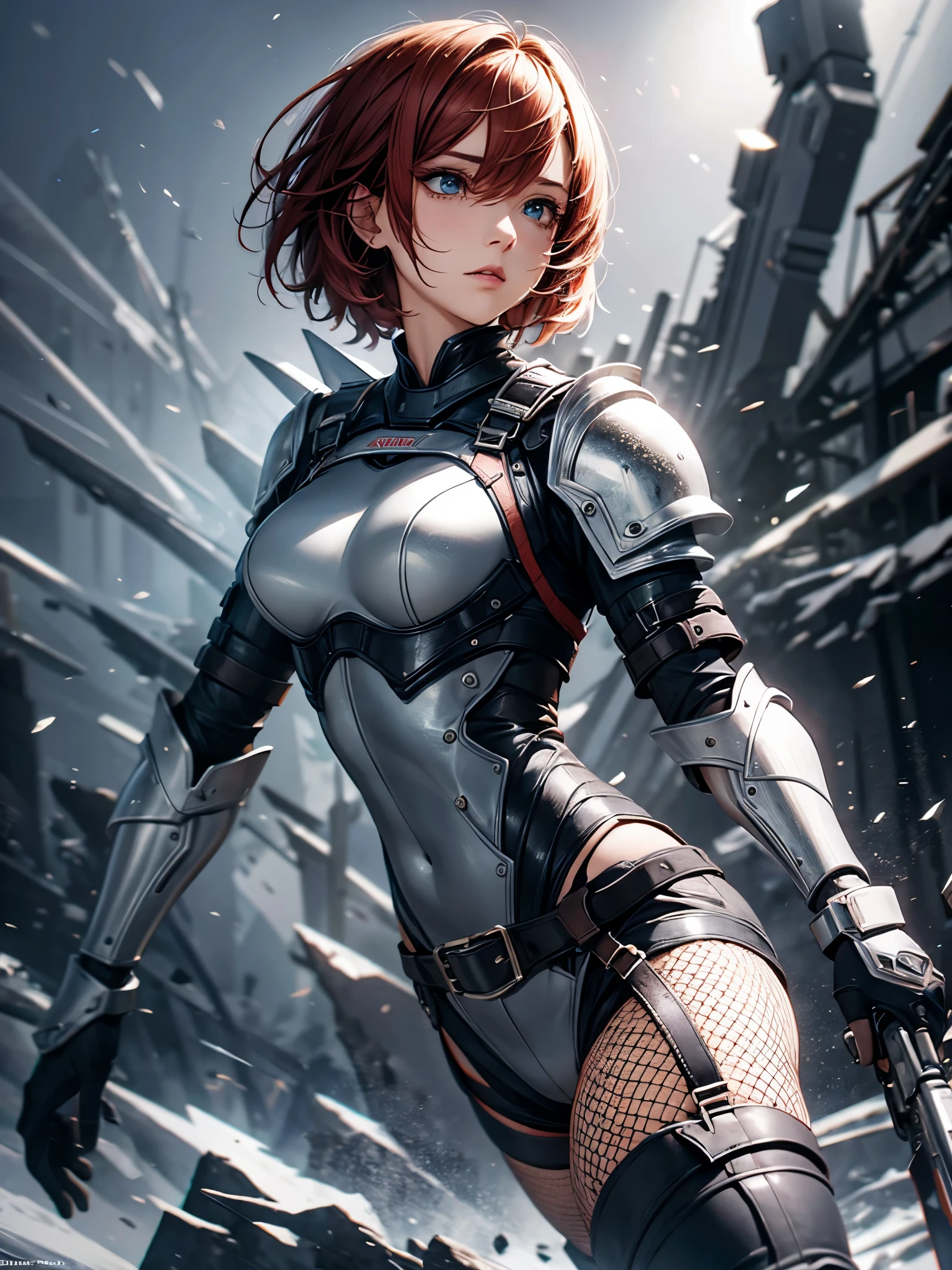 1girl,full body,red short hair,female knight,dirty armor,helmet,elbow guards,knee pads,((fishnet stockings,thigh high boots)),(best quality,4k,8k,highres,masterpiece:1.2),ultra-detailed,(realistic,photorealistic,photo-realistic:1.37),detailed face,beautiful detailed eyes,beautiful detailed lips,extremely detailed eyes and face,long eyelashes,dynamic pose,dramatic lighting,muted color palette,cinematic composition