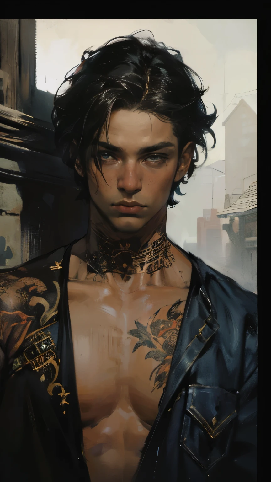 "official art", "Realistic Digital Painting with Concept Art Elements"," digital painting," "concept art," "realistic," , "detailed environment: , "high detail", "detailed face", "high-res", "ominous aura,", "8k resolution", "oil painting", "graded colors", "darker tone" , "little saturation" ,"professionally colored" , "dark feeling", "concept art" , "detailed features" , "detailed eyes", "1man" , "full body", "modern clothing(shirt, blue jeans)", "house background", "lean build" , "scruffy short hair" , "scruffy short beard", "lean physique" ,"concept art," , "high detail", "high-res", "ominous aura,", "8k resolution", "oil painting", "darker tone" , "little saturation" ,"dark feeling", "concept art" , "detailed features" , "detailed eyes" (masterpiece), highest quality, "Expressive eyes", "tattooed neck" ,"highest quality", (masterpiece), "dark circles under eyes" , "Scary-looking" , "muscular build"
