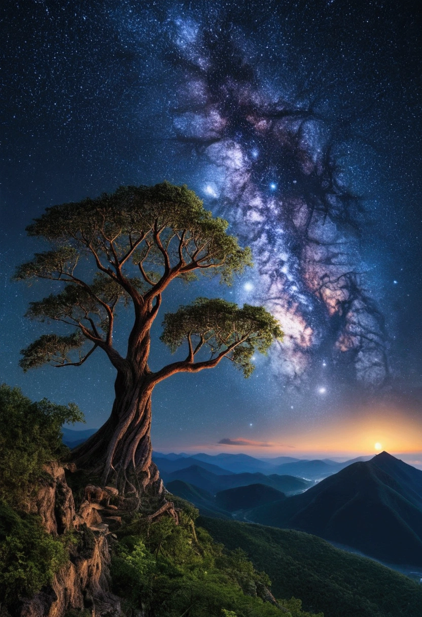 Mountain in heaven with night full of starts with spidermen side tree