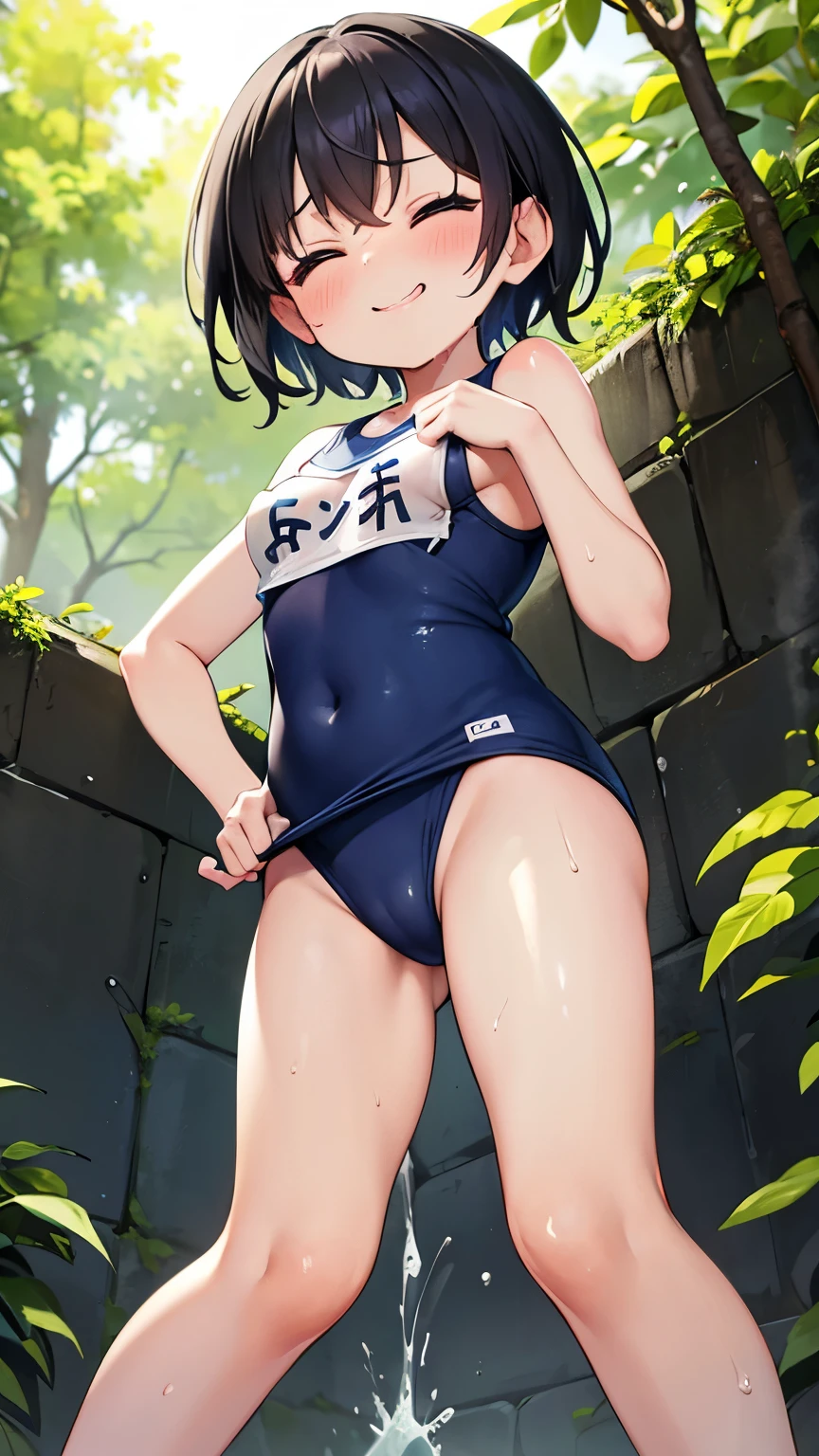 forest,smile,Are standing,close your eyes,1. small ,short hair,Black Hair,blush,Navy blue school swimsuit,White skin,summer,From below,shy,Sweaty,Wet,Please open your mouth wide,Wet,Large Breasts,