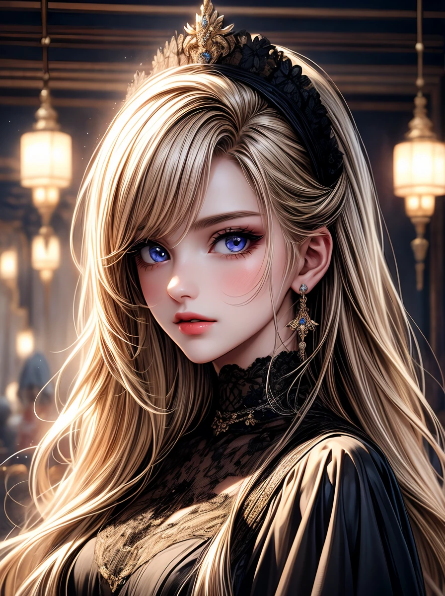 A girl in a room,beautiful detailed eyes,beautiful detailed lips, maid, very long hair, blonde hair, extremely detailed eyes and face,longeyelashes,illustration,ultra-detailed,best quality,4k,8k,highres,masterpiece:1.2,ultra-fine painting,sharp focus,professional,vivid colors,portraits, light smile, dark aura