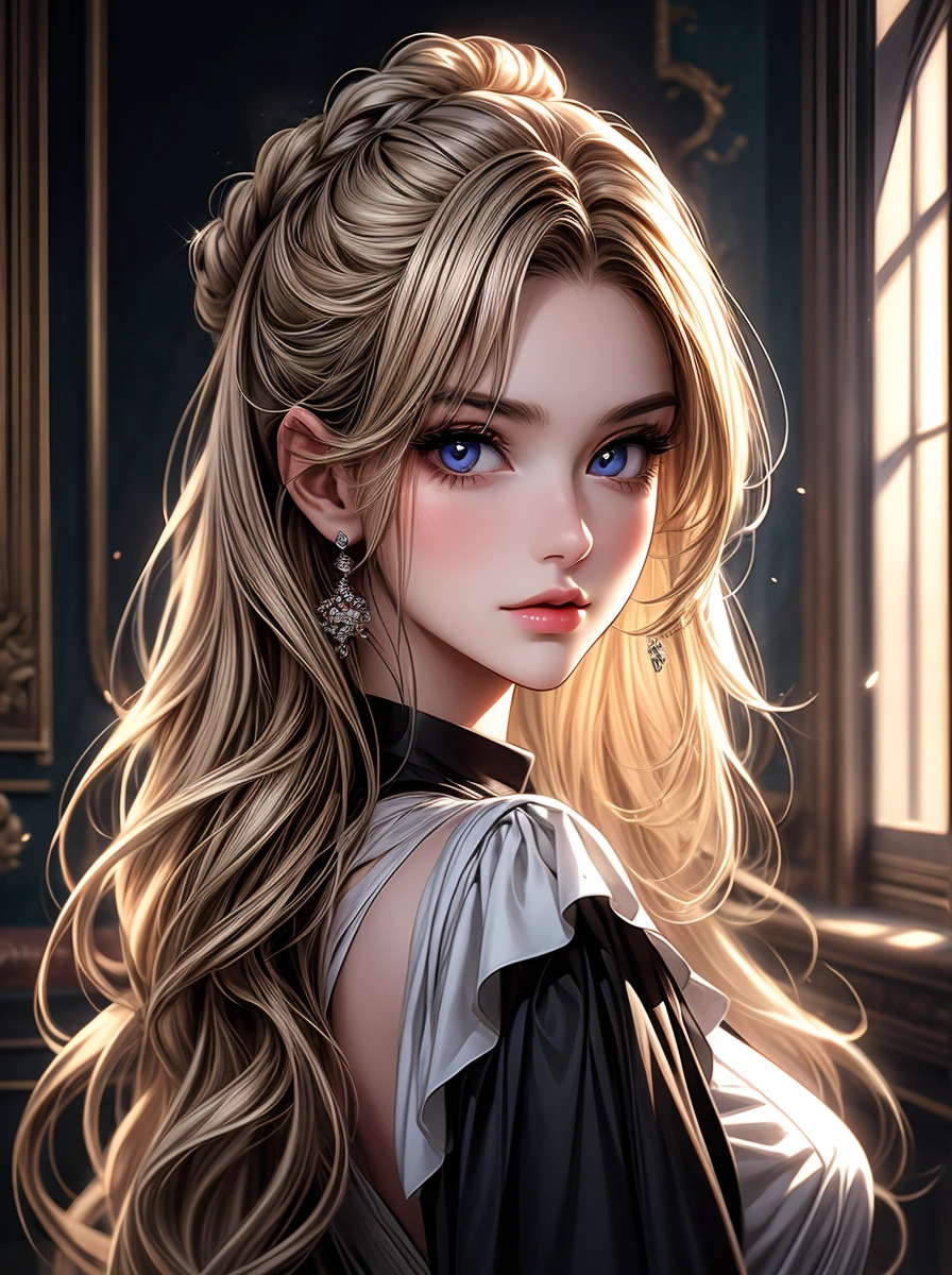 A girl in a room,beautiful detailed eyes,beautiful detailed lips, maid, very long hair, blonde hair, extremely detailed eyes and face,longeyelashes,illustration,ultra-detailed,best quality,4k,8k,highres,masterpiece:1.2,ultra-fine painting,sharp focus,professional,vivid colors,portraits, light smile, dark aura