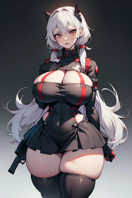 young girl, Pullover, bandeau dress, whole body to see, angry look , scream, pigtails hair, (( very wide hips)), (((colossal Thighs, gigantic thighs, very huge thighs, very big thighs))), fullbody, platform heels, pale skin, very Big breast, gun, cyberpunk, soldier girl , full body,